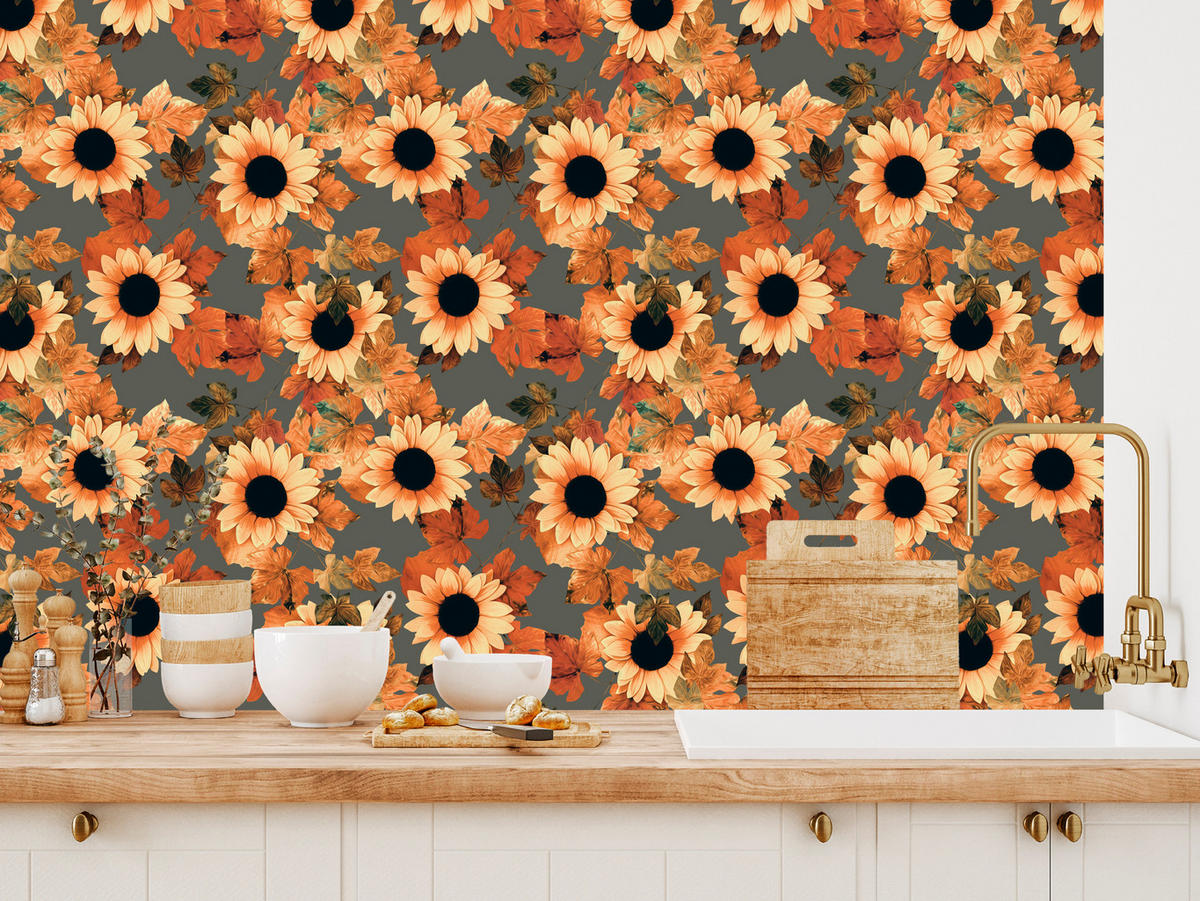 VLIESTAPETE Vintage-Sonnenblumen – Gelb, Orange, Grau – 50x1000 cm - Gelb/Orange, Papier (50/1000cm) - Muralo