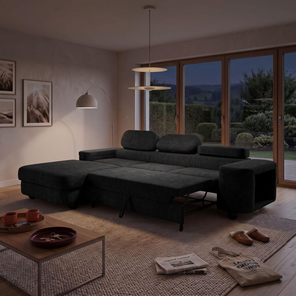 ECKSOFA LOVE L Links mit Schlaffunktion 124x210 Chenille Schwarz - Schwarz, Holz/Textil (284/205cm) - Muffo