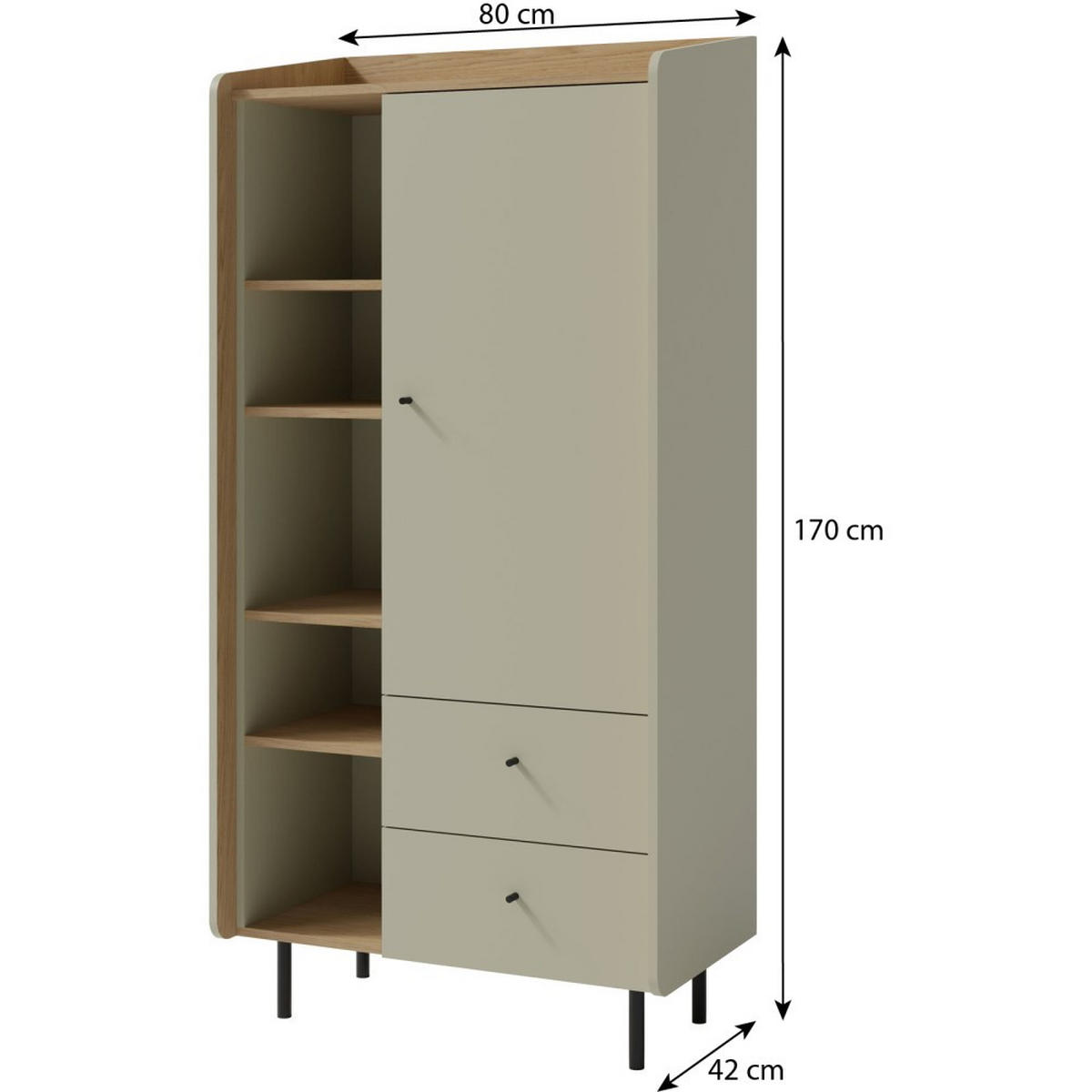 BÜCHERREGAL Alex mit 1 Tür und 2 Schubladen, Eukalyptus - Eukalyptusholzfarben/Schwarz, Holzwerkstoff (80/170/42cm) - Beautysofa