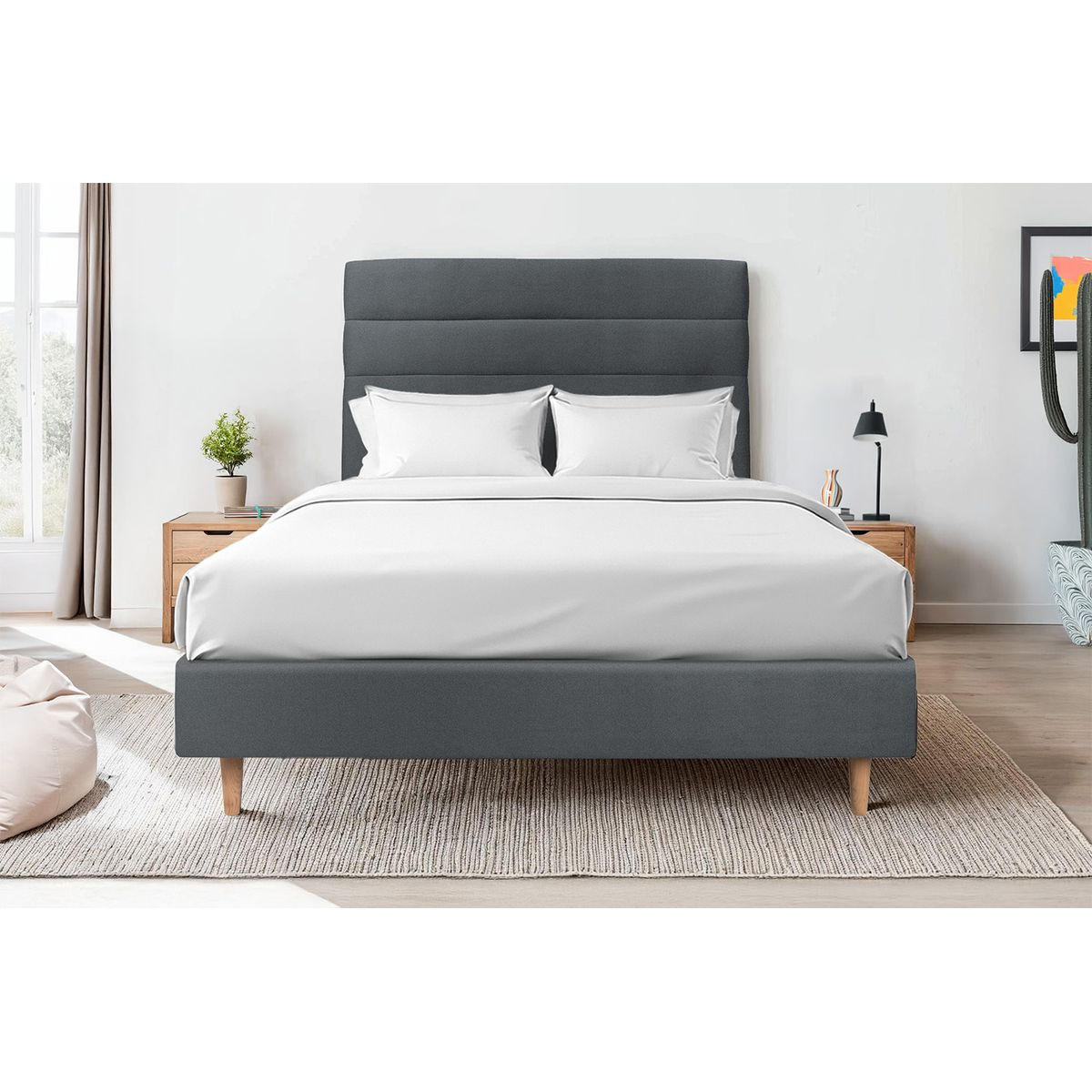 KOPFTEIL Modell Linien – Anthrazitgrauer Samtstoff 180 cm - Anthrazit/Beige, Karton/Holz (180/120/10cm) - Sommeil de Plomb