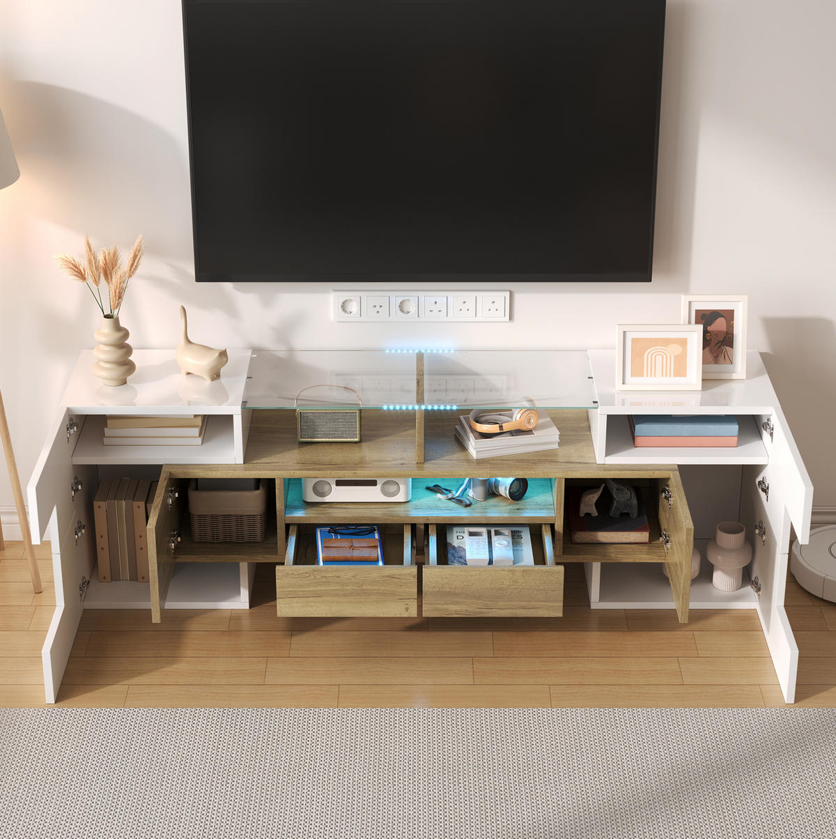 TV-LOWBOARD aus Spanplatte und MDF 145x30x51 cm Weiß-Gold mit LED-Beleuchtung und Stauraum - Weiß, Holzwerkstoff (145/51/30cm) - IVMEU