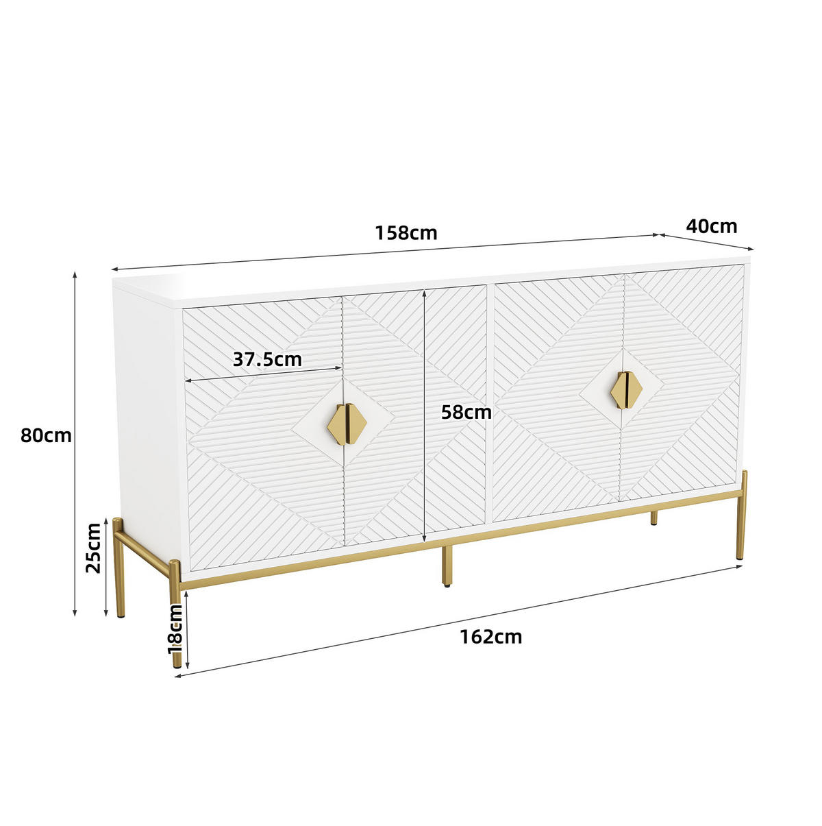 SIDEBOARD 162/40/80 cm in Weiß mit 4 Türen und goldfarbenen Metallbeinen - Weiß, Holzwerkstoff (162/80/40cm) - Flora Grace