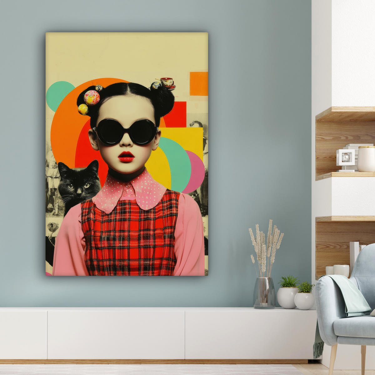 LEINWANDBILD Mädchen - Sonnenbrille - Katze - Retro Deko XXL 80x120 cm - Beige, Textil (80/120cm) - MuchoWow