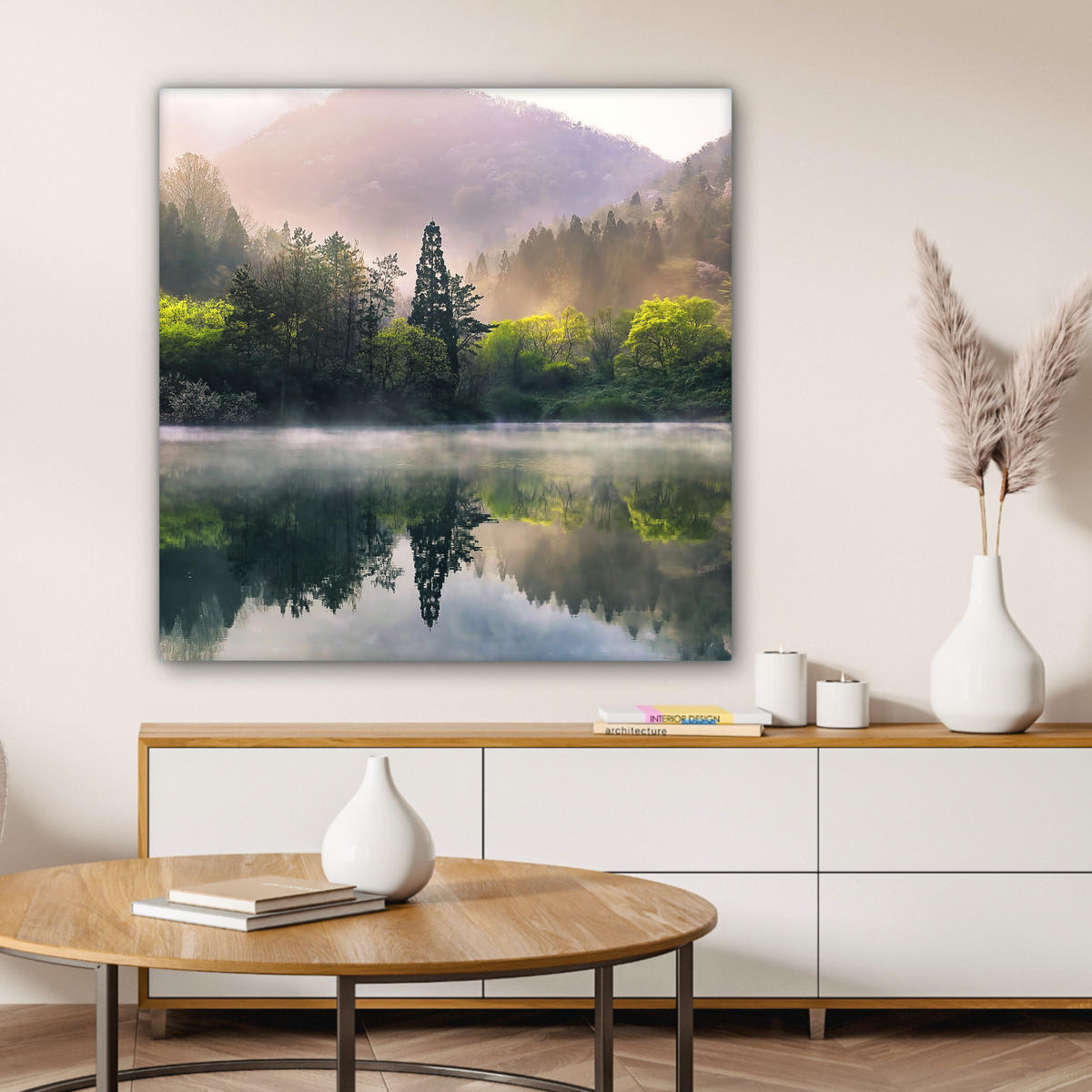 LEINWANDBILD Natur - Bäume - Berge - See - Wasser 90x90 cm - Hellgrün, Textil (90/90cm) - MuchoWow