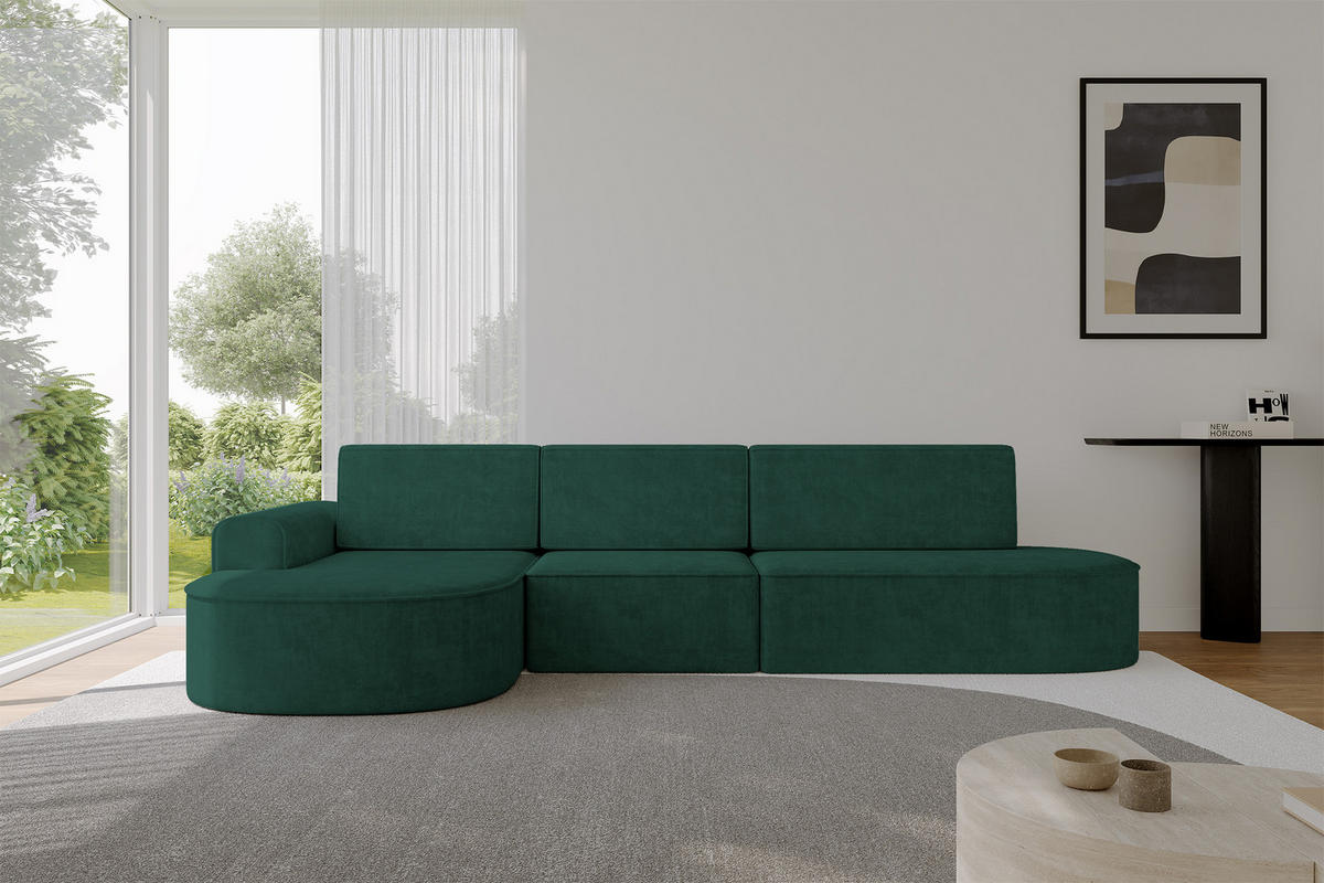 ECKSOFA mit Schlaffunktion Ottomane Links MARI L2-S 368X167X85 Grün Velours - Waldgrün/Schwarz, Holzwerkstoff/Kunststoff (368/167cm) - ALTDECOR