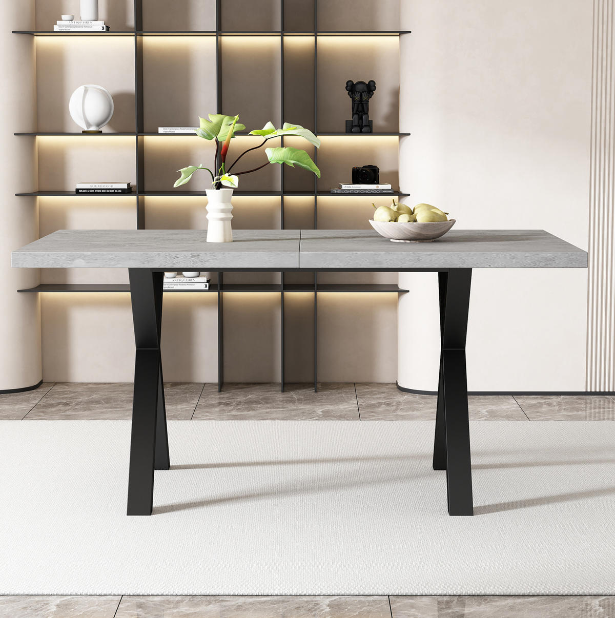 JÍDELNÍ stůl z MDF a kovu 140x80x76 cm šedý/černý s kříženou podnoží v betonovém vzhledu - šedá, kompozitní dřevo (140/80/76cm) - Modfu