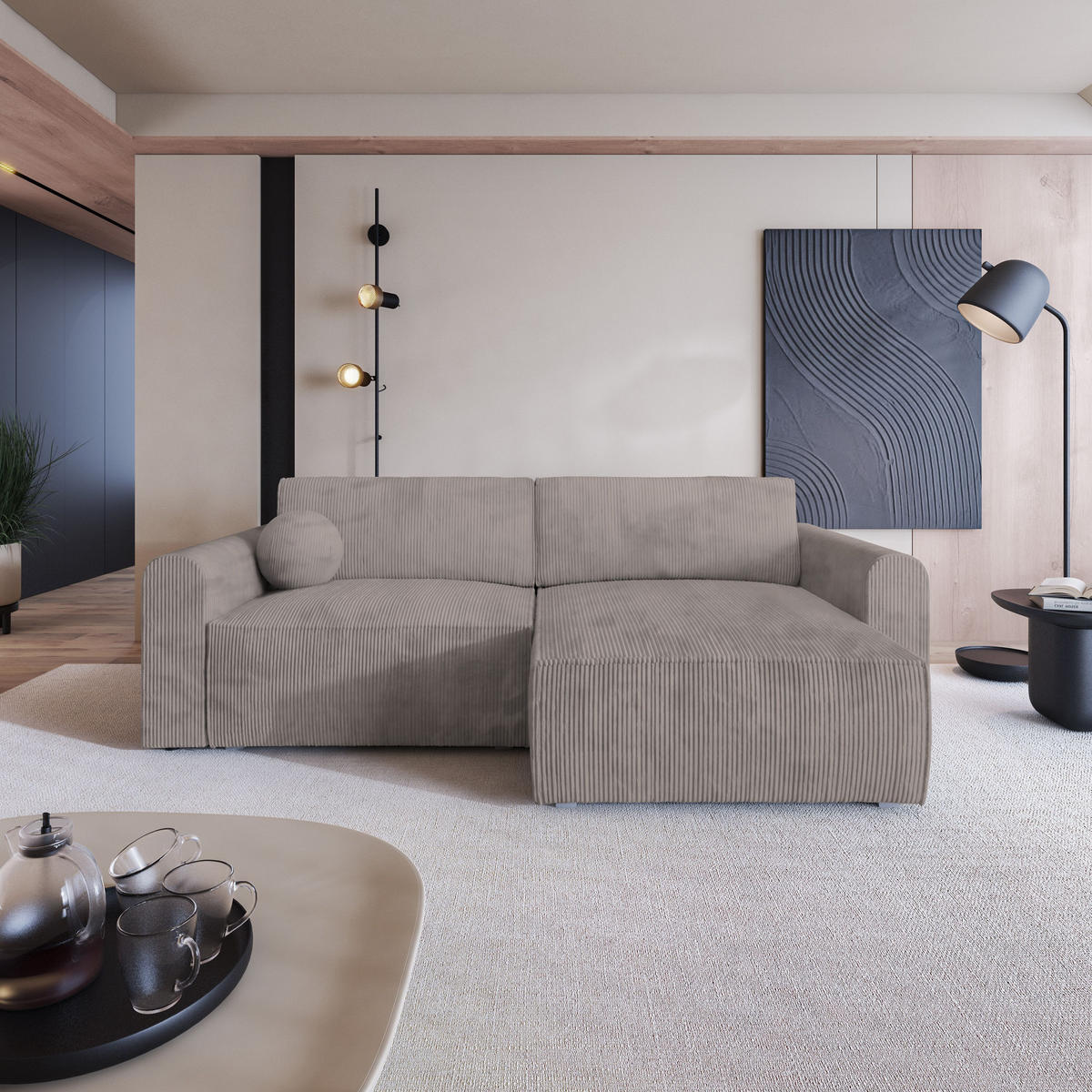 ECKSOFA FIANO P Beige Kordstoff mit Schlaffunktion - Beige/Grau, Holz/Kunststoff (245/148cm) - MASSENO