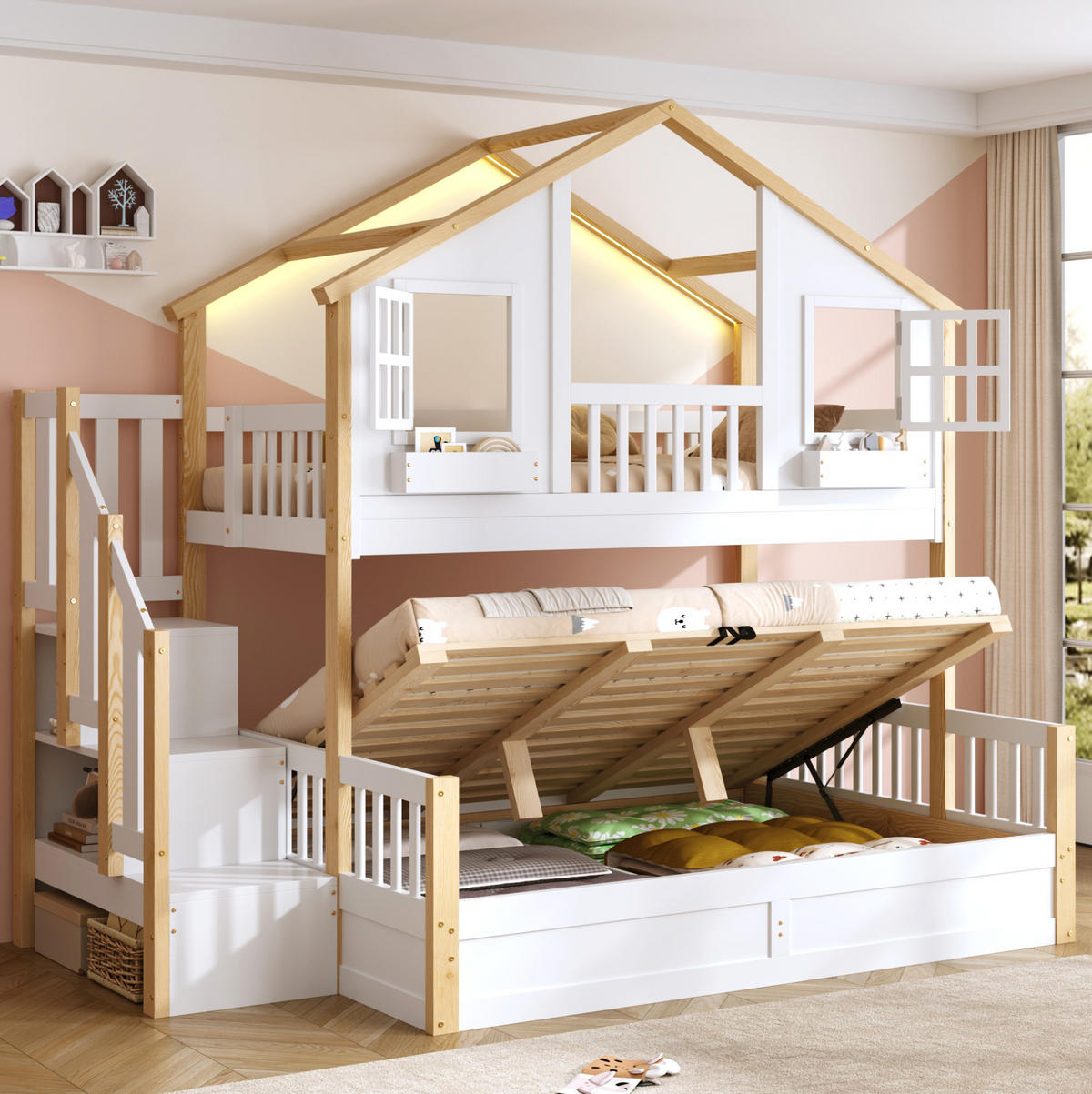 ETAGENBETT 140/200 cm weiß aus Kiefer mit LED und Stauraumtreppe - Weiß, Holzwerkstoff (90/200cm) - OKWISH