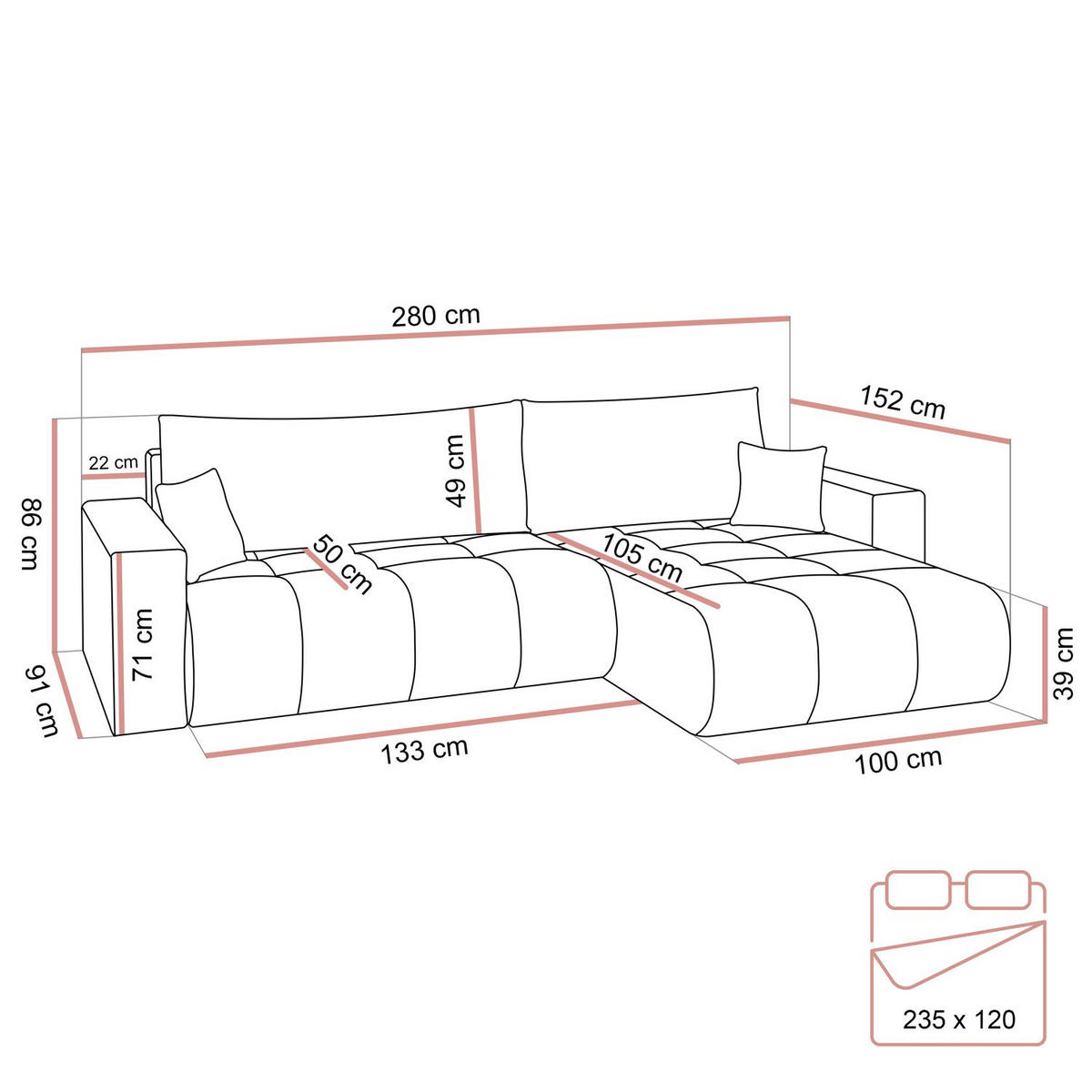 ECKSOFA CLOUD II XL mit Schlaffunktion Vibe 07 - Beige, Textil (280/152cm) - Lookway
