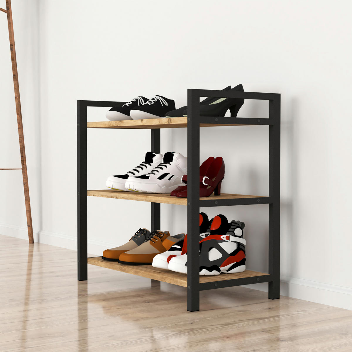 SCHUHREGAL Sømna - Eichefarben, Metall (66/70/36cm) - [en.casa]