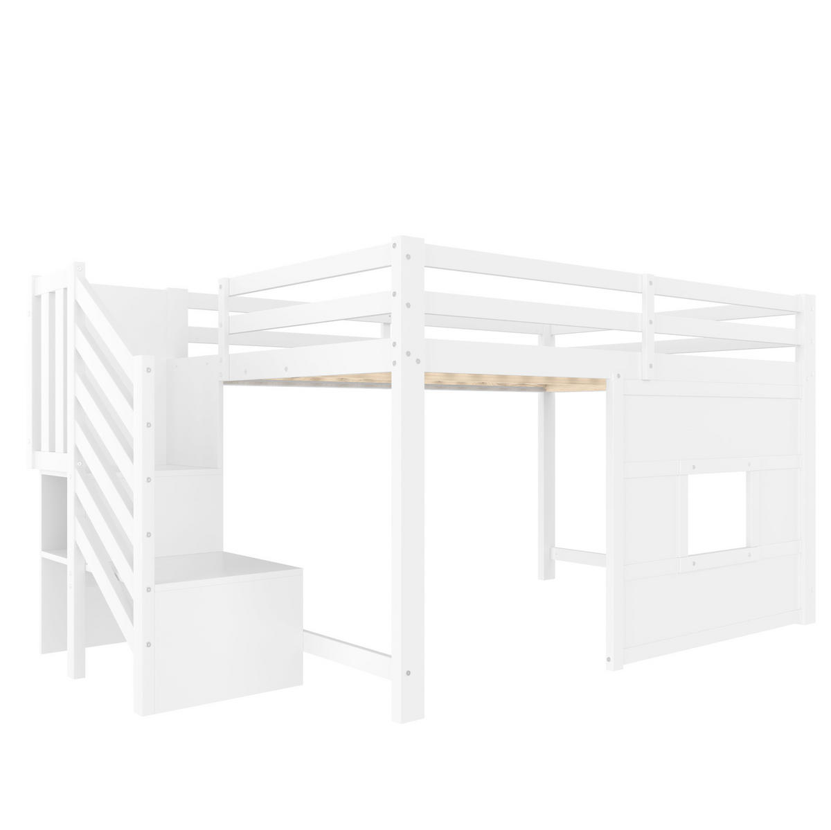 HOCHBETT aus Kiefernholz 140x200 cm Weiß mit Stauraumtreppe, Fenster und LED-Beleuchtung - Weiß, Holzwerkstoff (140/200cm) - IVMEU