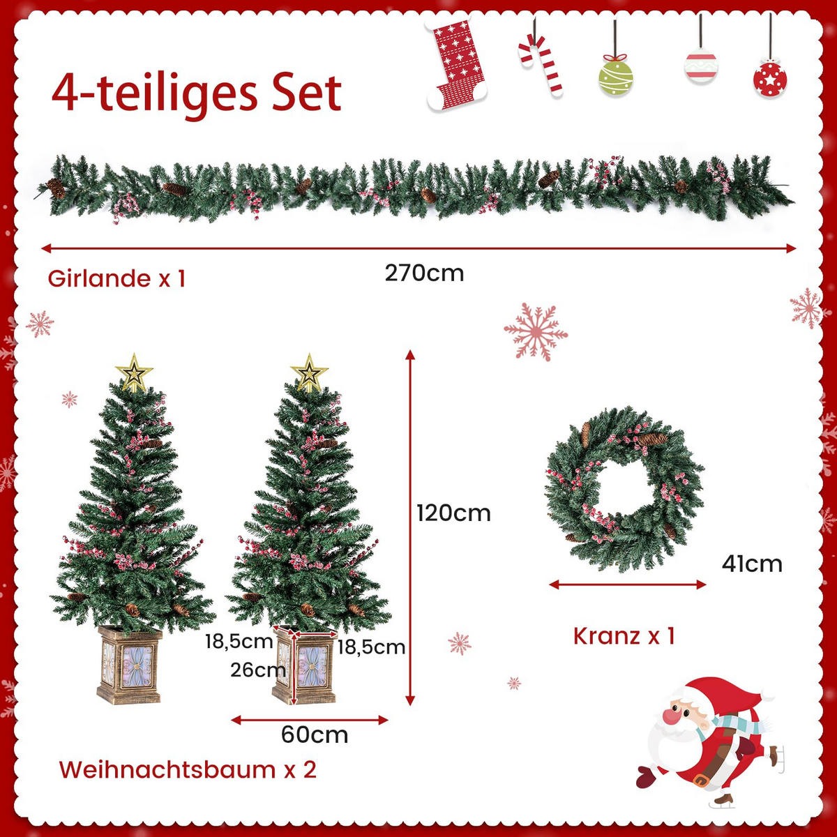 WEIHNACHTSBAUM Mini Tannenform mit Weihnachtsgirlande und Weihnachtskranz 120 cm grün(4-tlg) - Grün, Metall (120cm) - COSTWAY