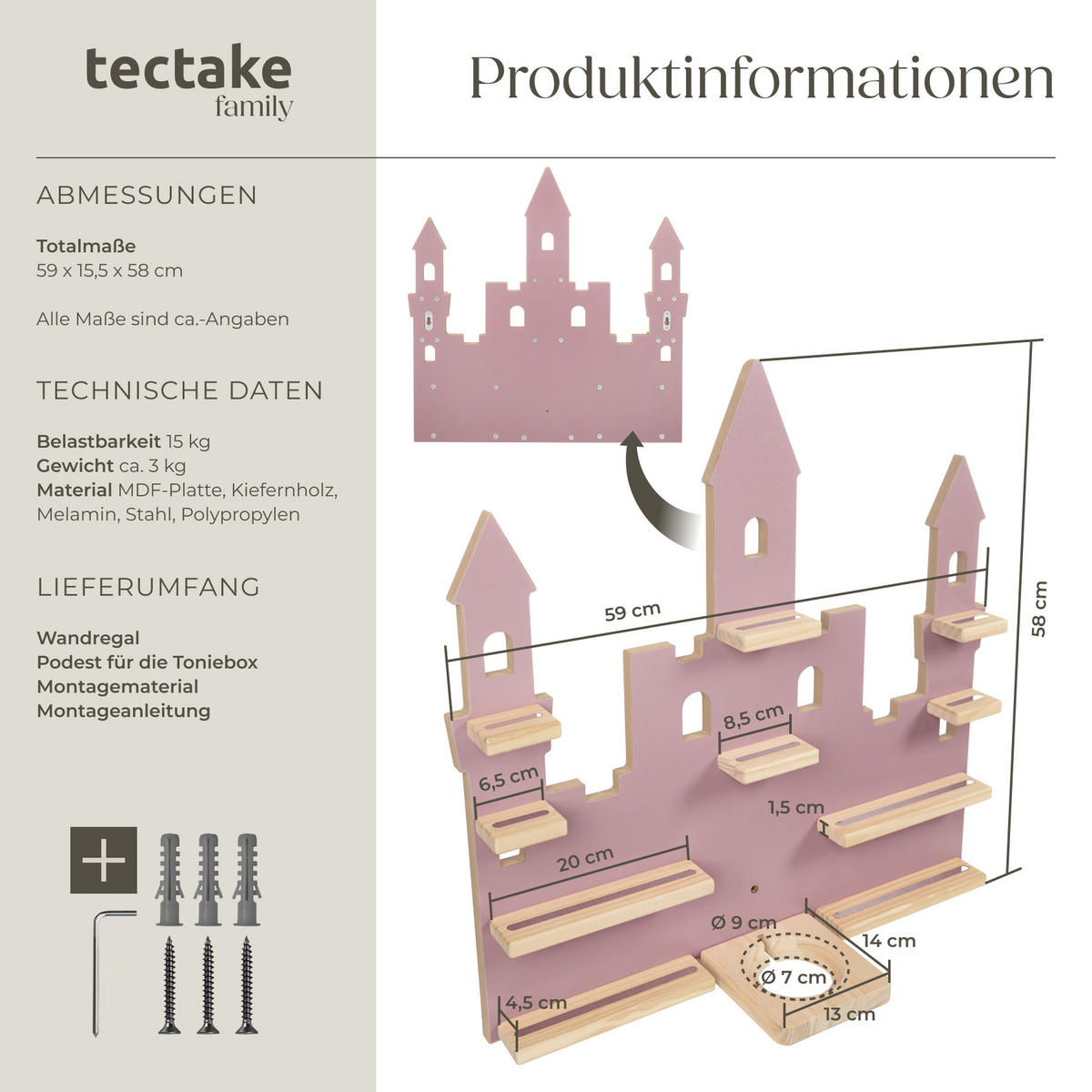 WANDREGAL Mylittlestory Princess Castle,59 x 15,5 x 58 cm, pink - Pink, Holz (59/58/15.5cm) - tectake