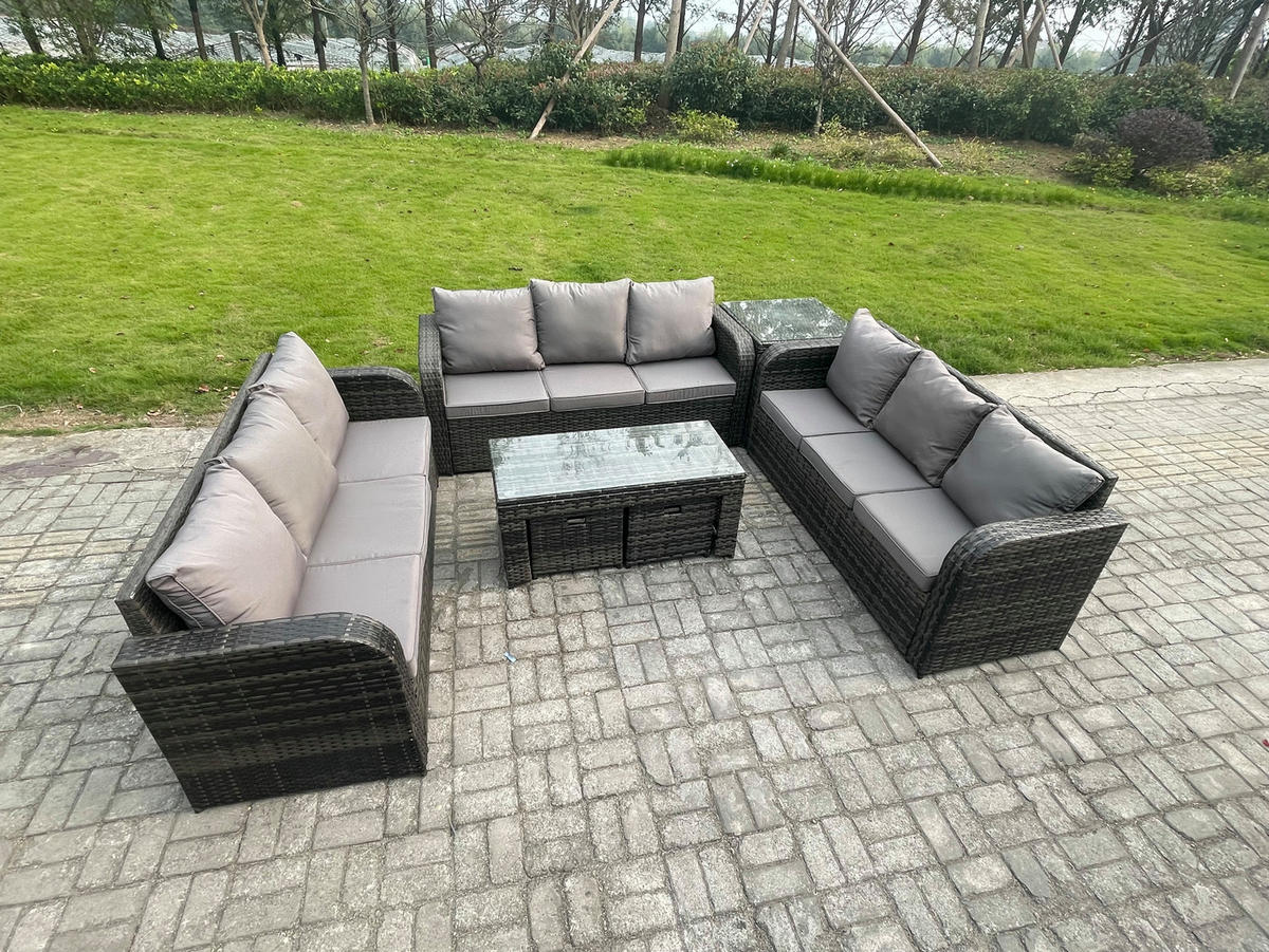 GARTENSOFA SET mit rechteckigem COUCHTISCH Polyrattan 11-Sitzer Dunkelgrau - Dunkelgrau/Grau, Glas/Kunststoff - Fimous
