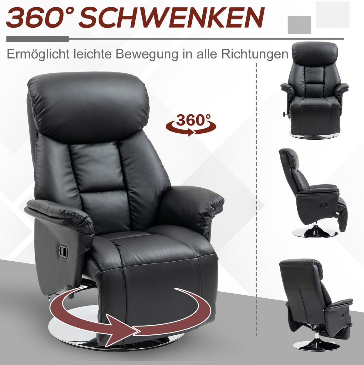 RELAXSESSEL in Schwarz 80x78x109 cm, 360° drehbar mit verstellbarer Rückenlehne und ausziehbarer Fußstütze - Schwarz, Kunststoff (78/109/80cm) - IVMEU
