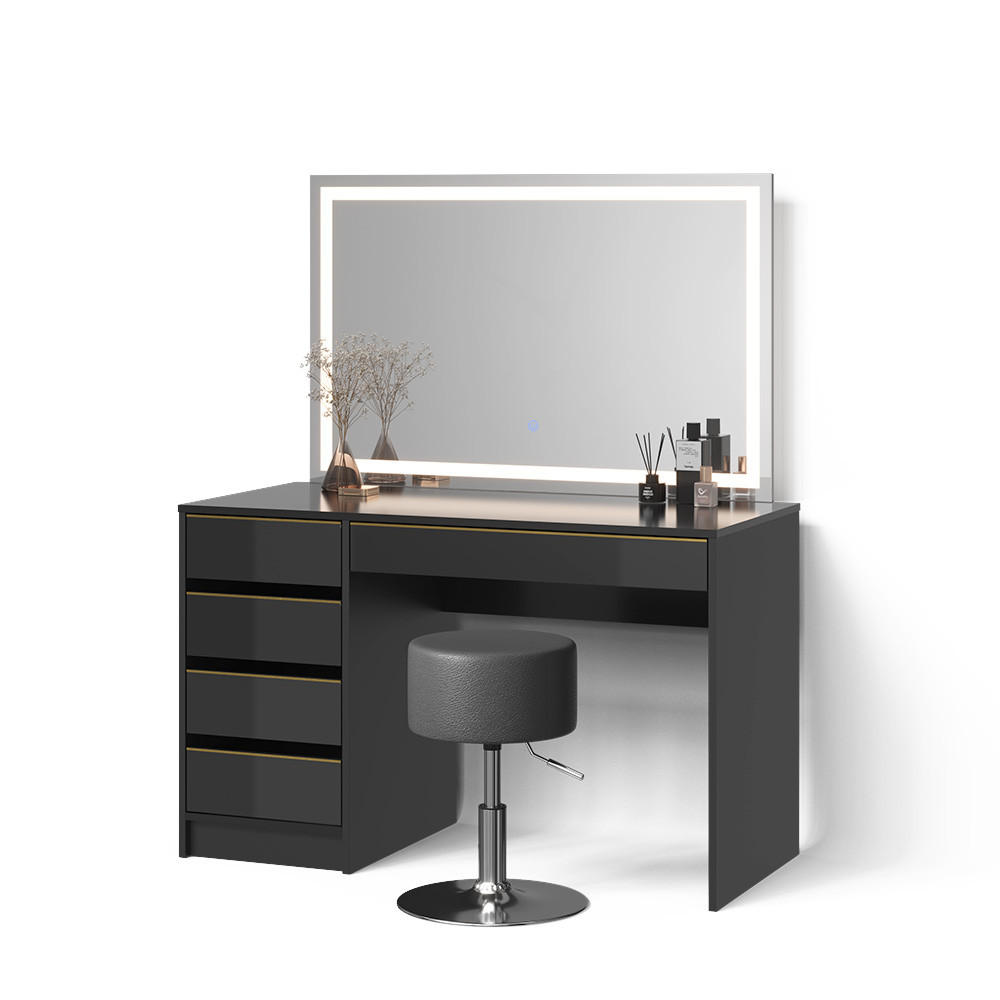 SCHMINKTISCH Imola Schwarz/Gold mit LED-Spiegel und Hocker - Goldfarben/Schwarz, Holzwerkstoff (120/75/55cm) - Livinity®
