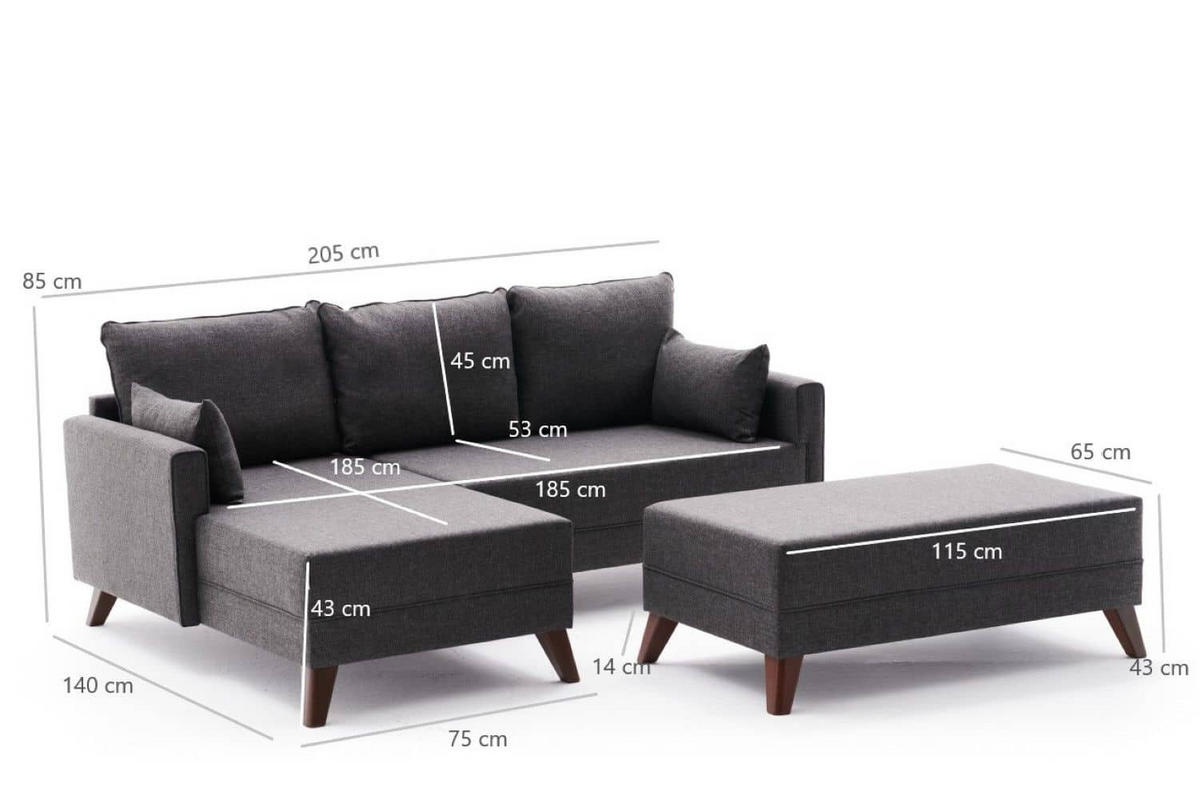 ECKSOFA mit Hocker als Schlaffläche, perfekt für kleine Räume - Anthrazit/Walnussfarben, Holz/Kunststoff (205/140cm) - myHomelando