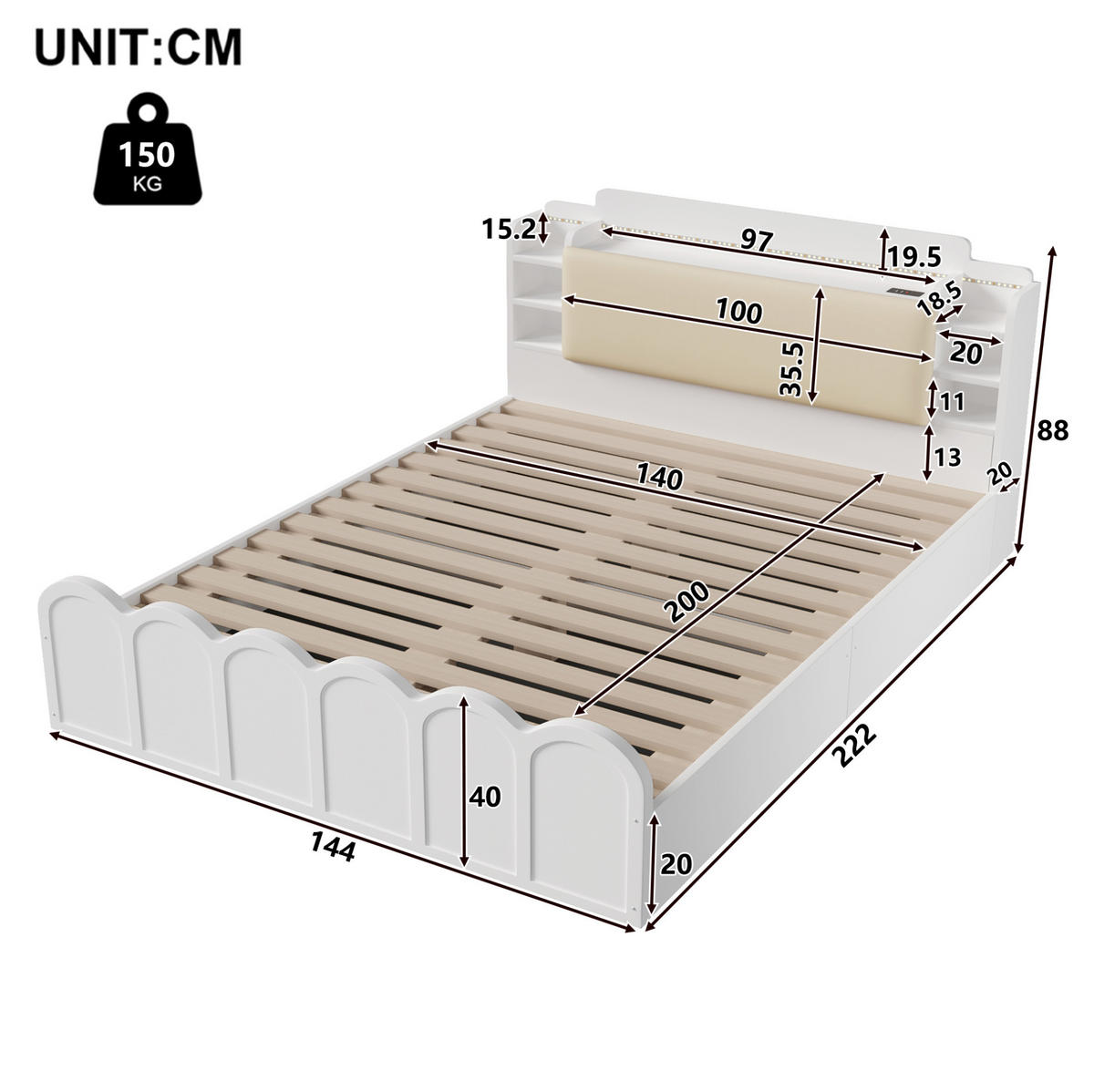 PANEELBETT aus Holzwerkstoff 140x200 cm Weiß mit LED-Beleuchtung, USB-/Typ-C-Anschluss und hydraulischem Stauraum - Weiß, Holzwerkstoff (140/200cm) - Modfu