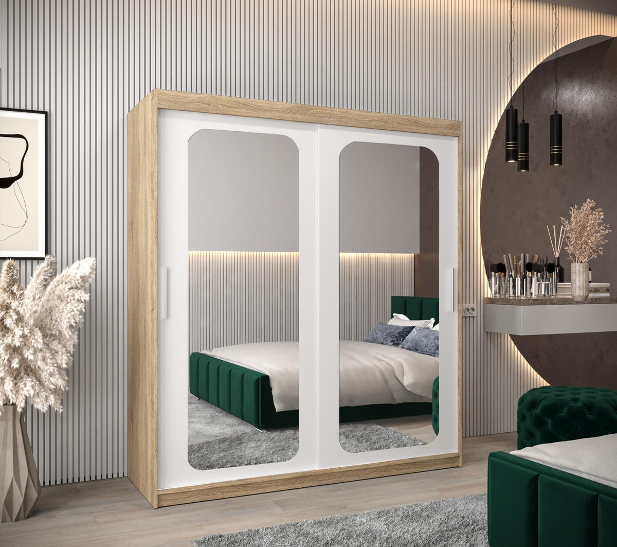 SCHWEBETÜRENSCHRANK 200/180/62 2-türig - Silberfarben/Weiß, Holz/Kunststoff (180/200/62cm) - Abiks Möbel