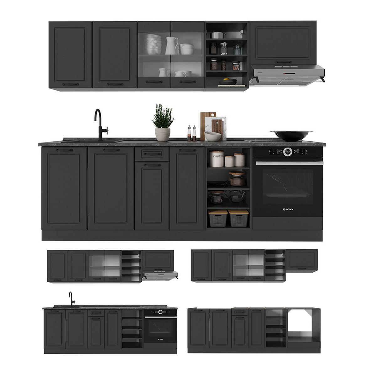 KÜCHENZEILE R-Line Anthrazit Landhaus/Anthrazit 240 cm , AP Marmor - Anthrazit, Holzwerkstoff (240/81.6/60cm) - Vicco
