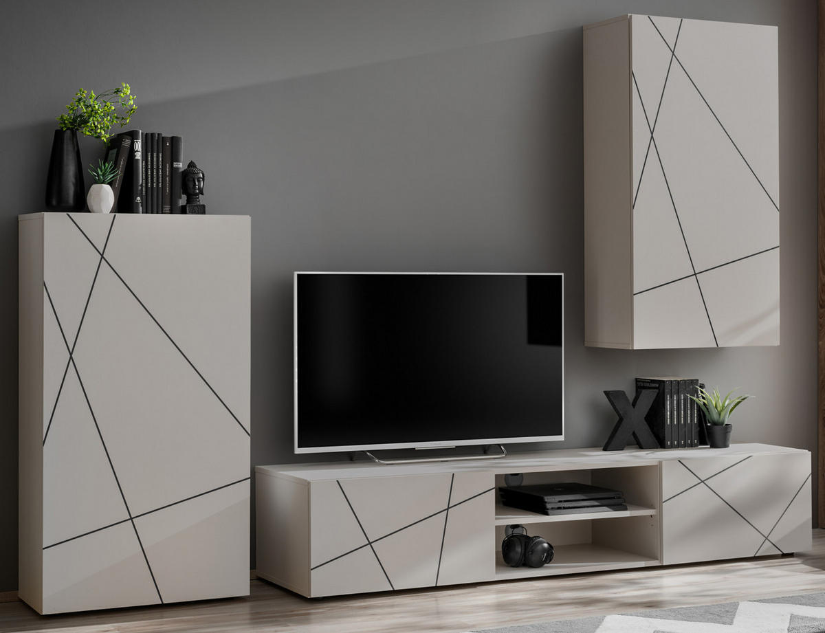 WOHNWAND Kaschmir, schwarz 260 cm, Schrankwand mit Streifendruck, Push-to-Open - Kaschmir/Schwarz, Holzwerkstoff/Kunststoff (260/180/45cm) - Furn.Design