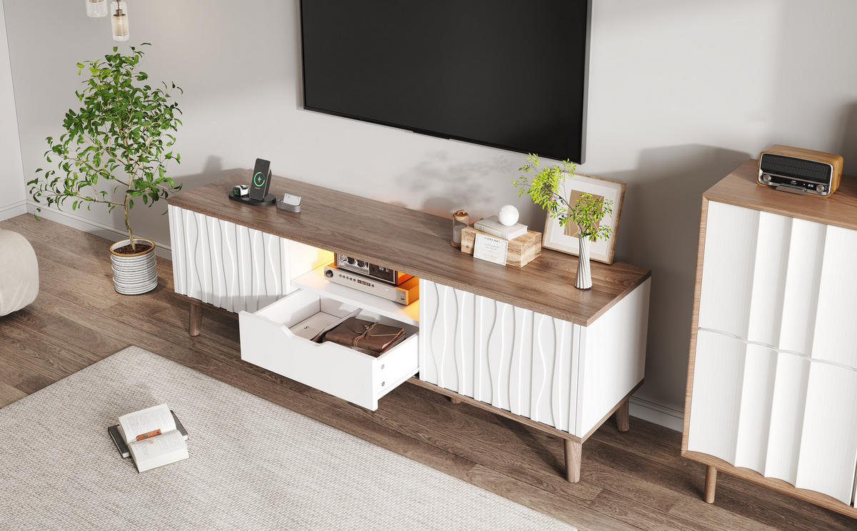 TV-SCHRANK 160x40x52 cm mit LED, Stauraum und Schiebetür, Weiß - Weiß, Holz (160/52/40cm)
