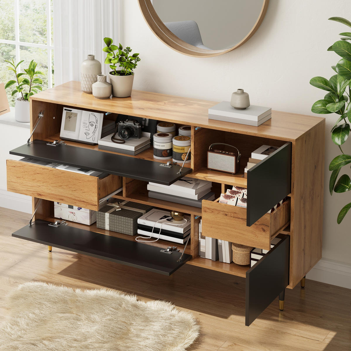 SIDEBOARD Holz Schwarz 2 Schubladen Türen Mittelfach Modern - Multicolor, Holzwerkstoff (140/84.5/40cm) - FLIEKS