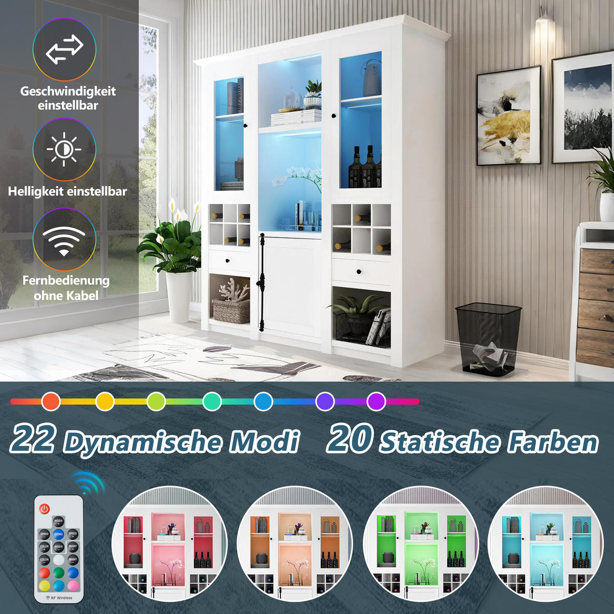 VITRINE LED 3 Böden Standvitrine Stauraum Weiß - Weiß, Holzwerkstoff (143/170/45.5cm) - FLIEKS