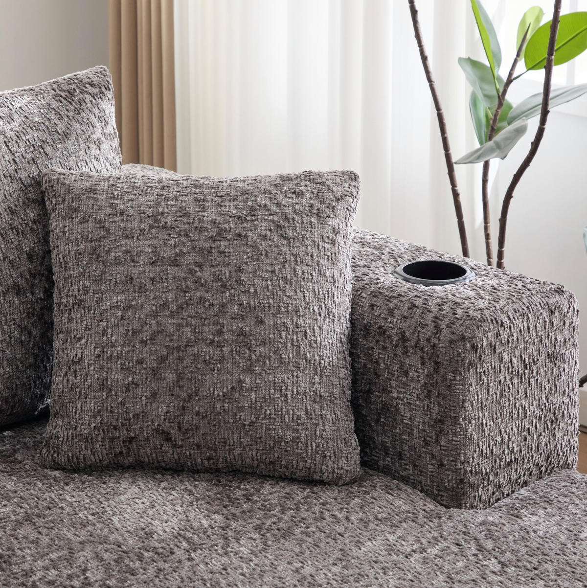ECKSOFA 261/165/80,5 cm mit Getränkehaltern, tiefer Sitzfläche und Chenille-Bezug, Dunkelgrau - Dunkelgrau, Textil (261/165cm) - Redom