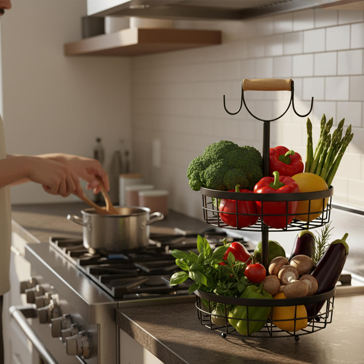 OBSTKORB-ETAGERE - Schwarz, Holz/Metall (28.5/53cm) - Relaxdays