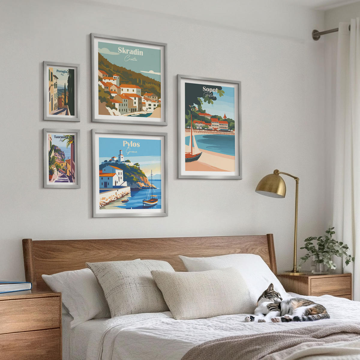 BILDER SET 5er Set - 50x50 cm & 20x30 cm & 40x60 cm Silberner Rahmen - Retro-Landschaften im malerischen Stil - Silberfarben, Kunststoff (40/60cm) - TULUP