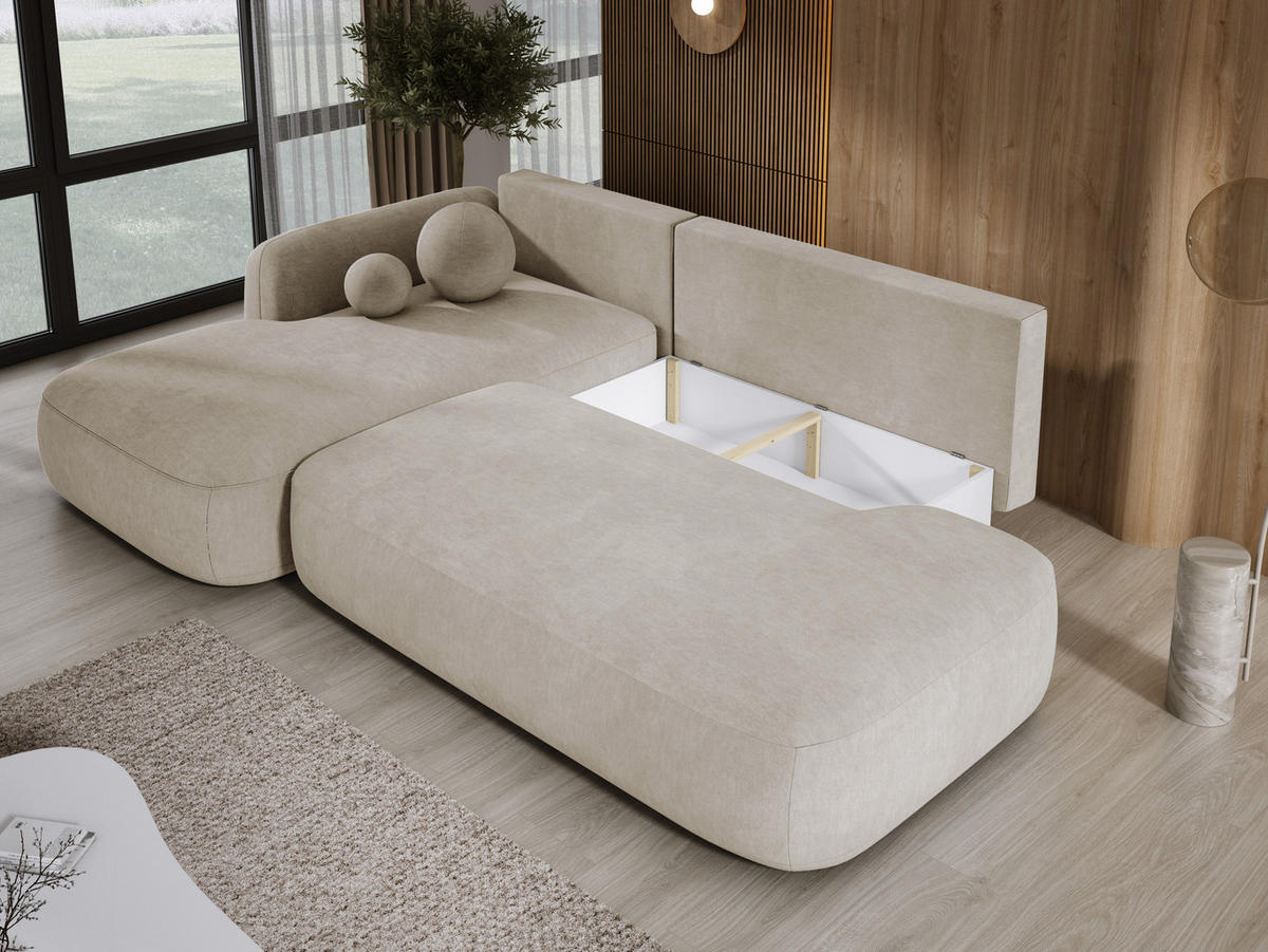 ECKSOFA BABU Mit Bettfunktion – Moderne Polsterecke Für Wohnzimmer Funktionales Schlafsofa Im Stoff CLOUD, 300x105x60cm, Linke, Beige - Ecru, Holz/Textil (190/300cm) - DomoHome