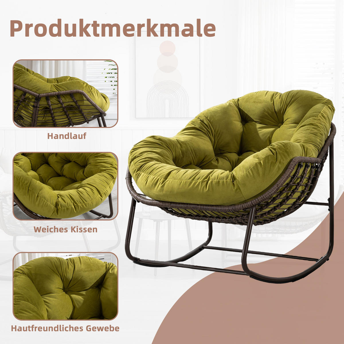 SCHAUKELSTUHL Schaukelsessel Garten,Rattanstuhl mit Stahlrahmen,Olivgrün-Samt - Olivgrün, Metall (94.5/80/111cm) - LVHOM