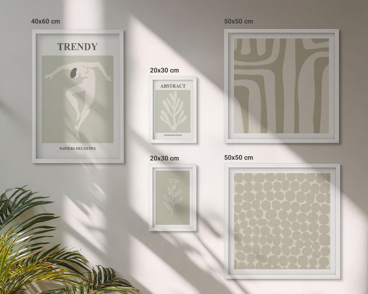 WANDBILDER 5er-Set - 50x50 cm & 20x30 cm & 40x60 cm Weißer Rahmen - Pflanzen- und geometrische Muster - Weiß, Kunststoff (40/60cm) - ArtPrintCave