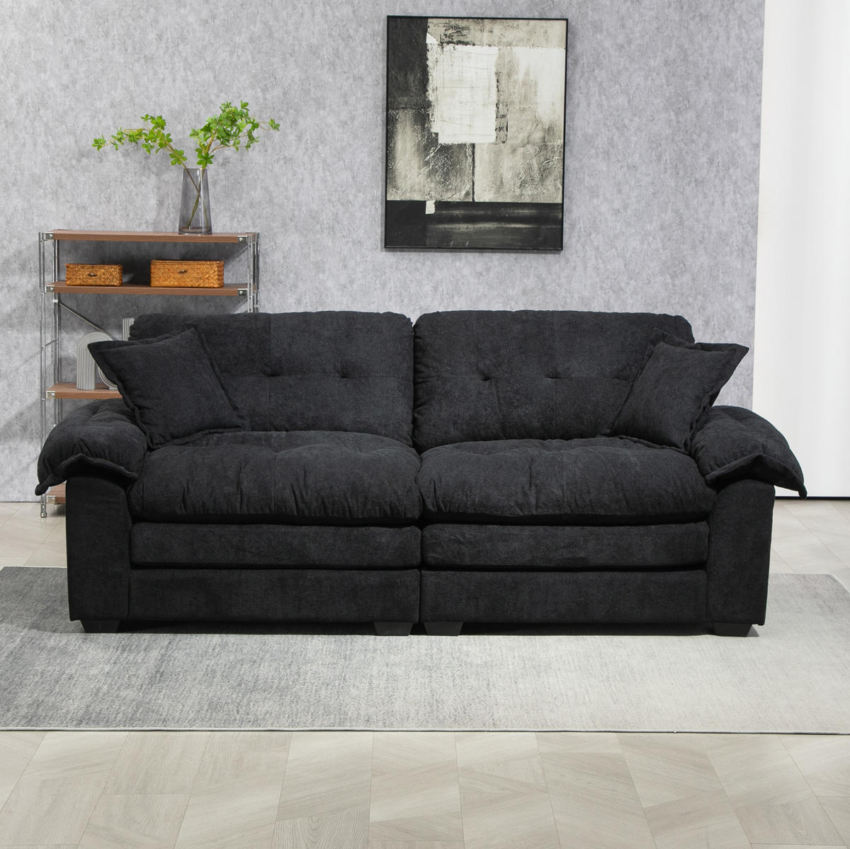 SOFA 2-Sitzer tiefer Sitz 214 x 89 x 93 cm Chenille Schwarz - Schwarz, Kunststoff (214/93/89cm) - Meubliv