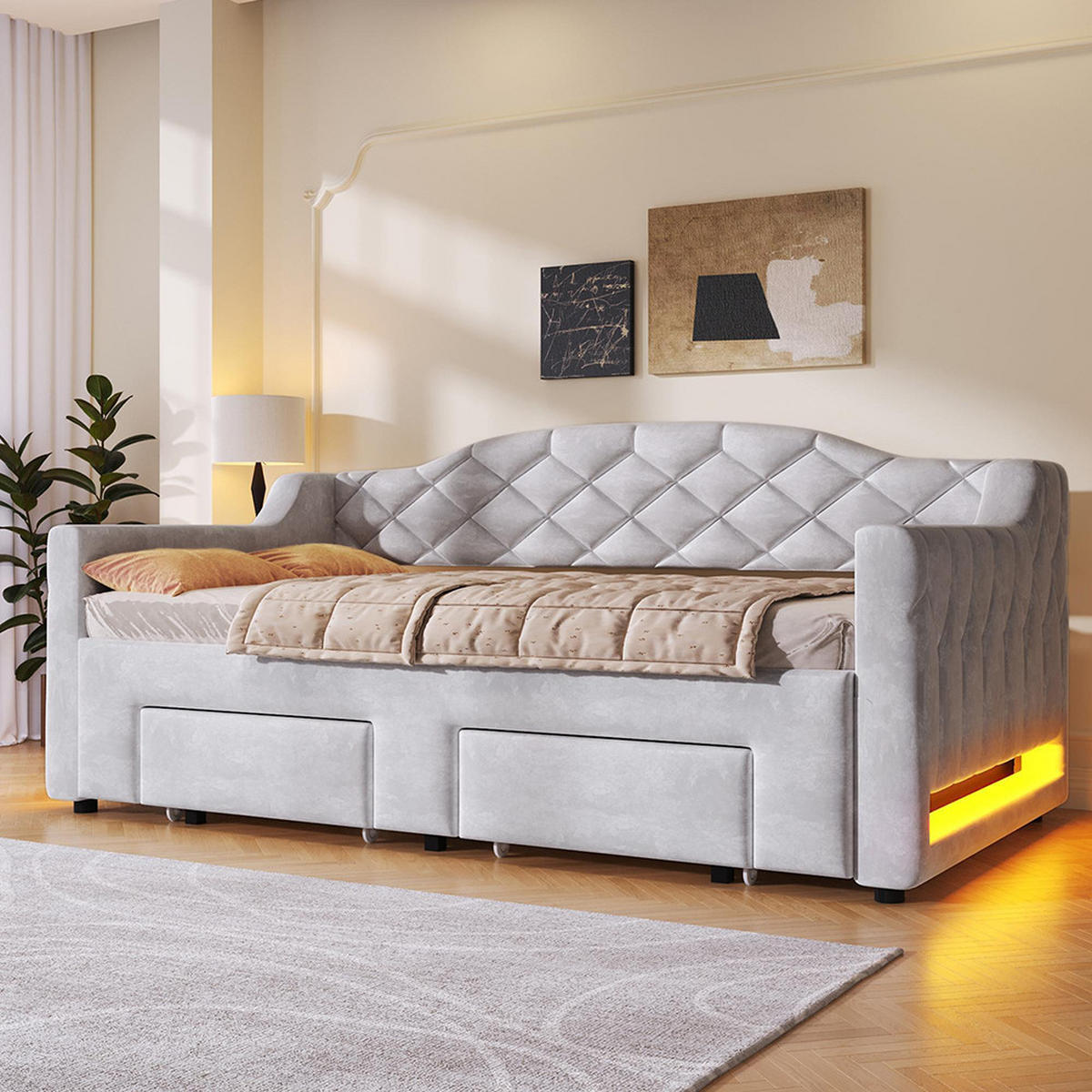 TAGESBETT 90x200 bis 180x200 cm mit zwei Schubladen und LED-Beleuchtung, Grau - Grau, Holz (90/200cm) - KOMHTOM
