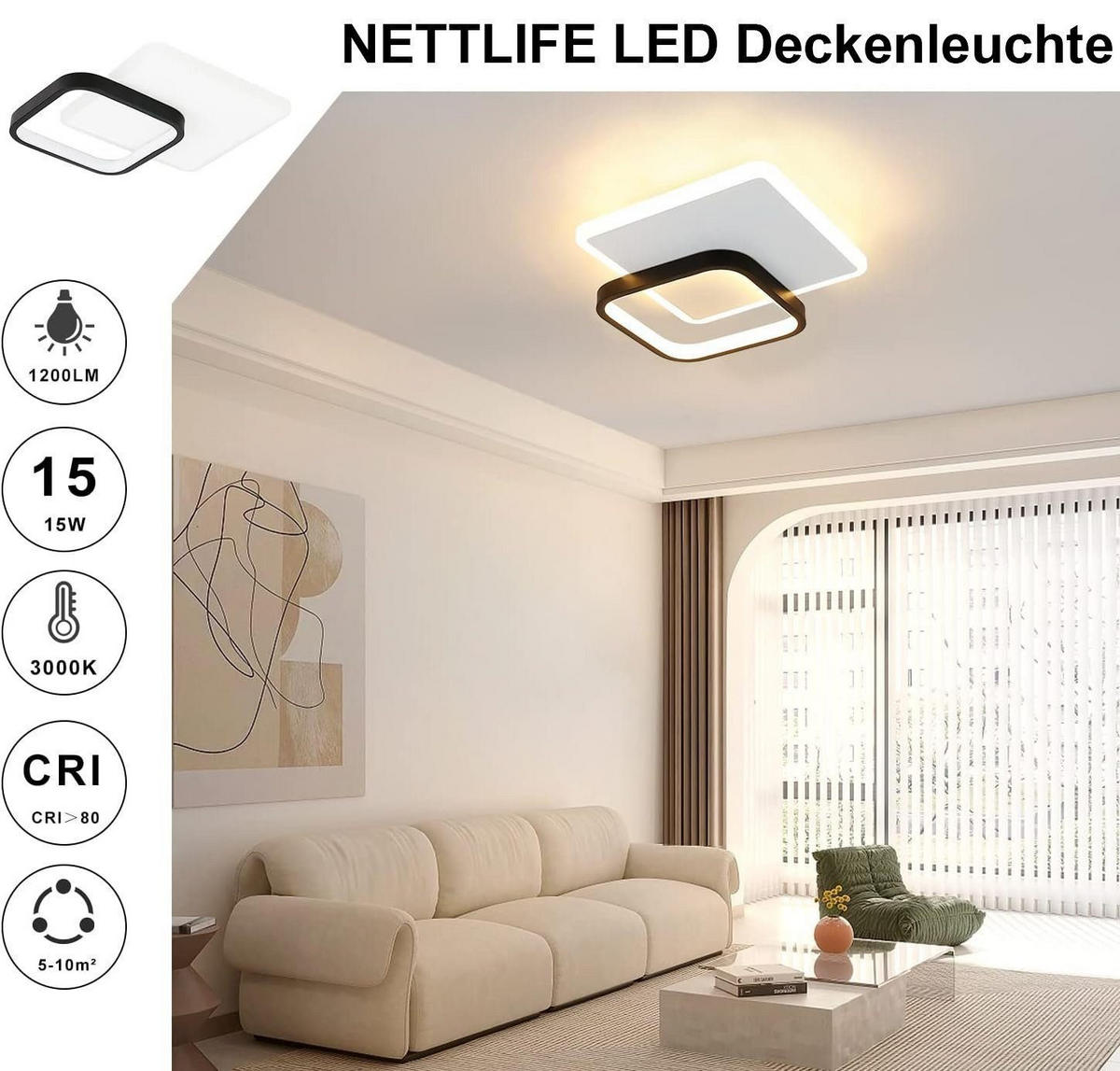 LED-DECKENLEUCHTE Archie 25/25/5 cm - Schwarz/Weiß, Metall (25/25/6cm) - Nettlife