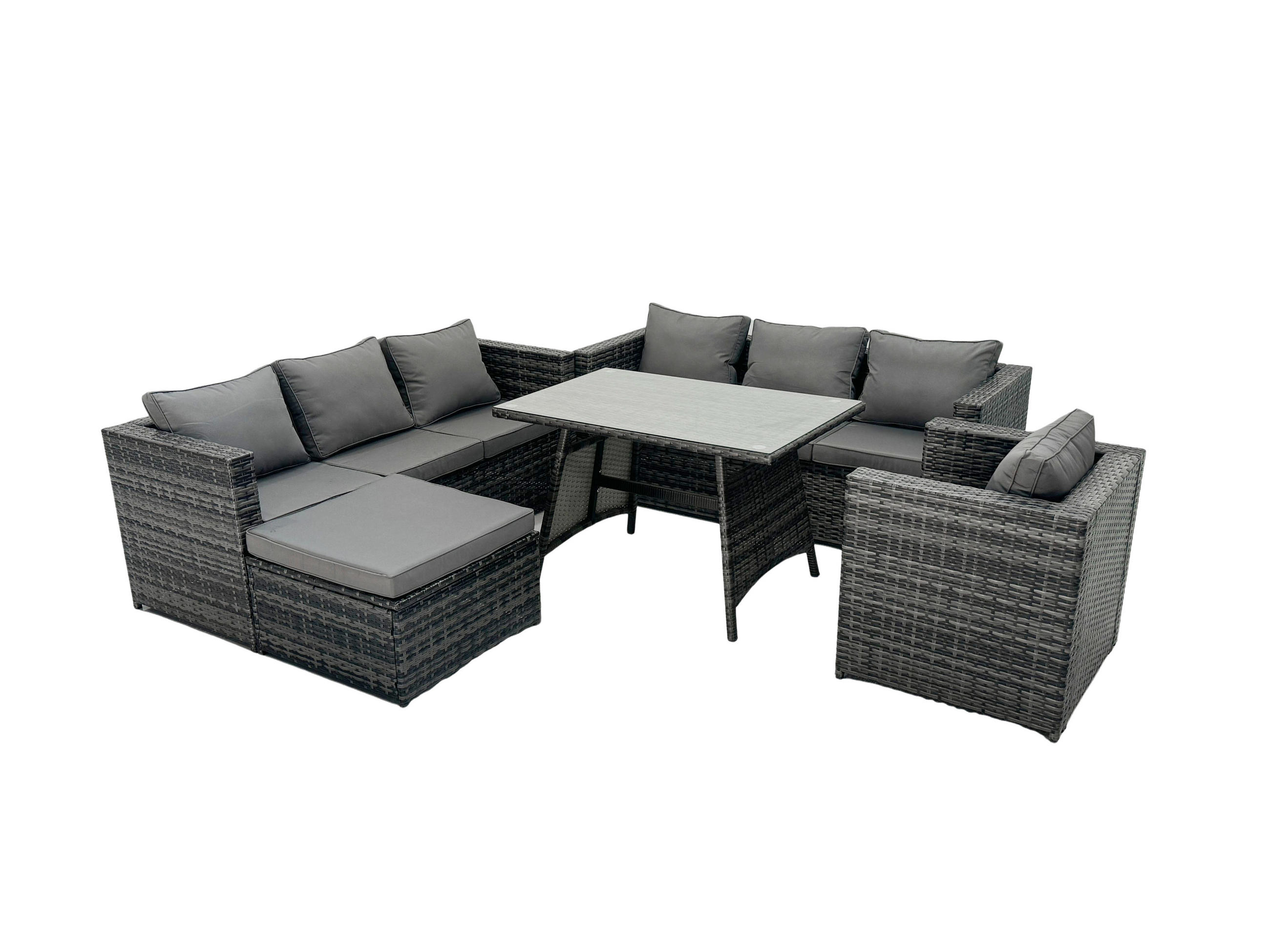 GARTENTISCHGRUPPE mit Stuhl Polyrattan 9-Sitzer - Dunkelgrau/Grau, Glas/Kunststoff - Fimous