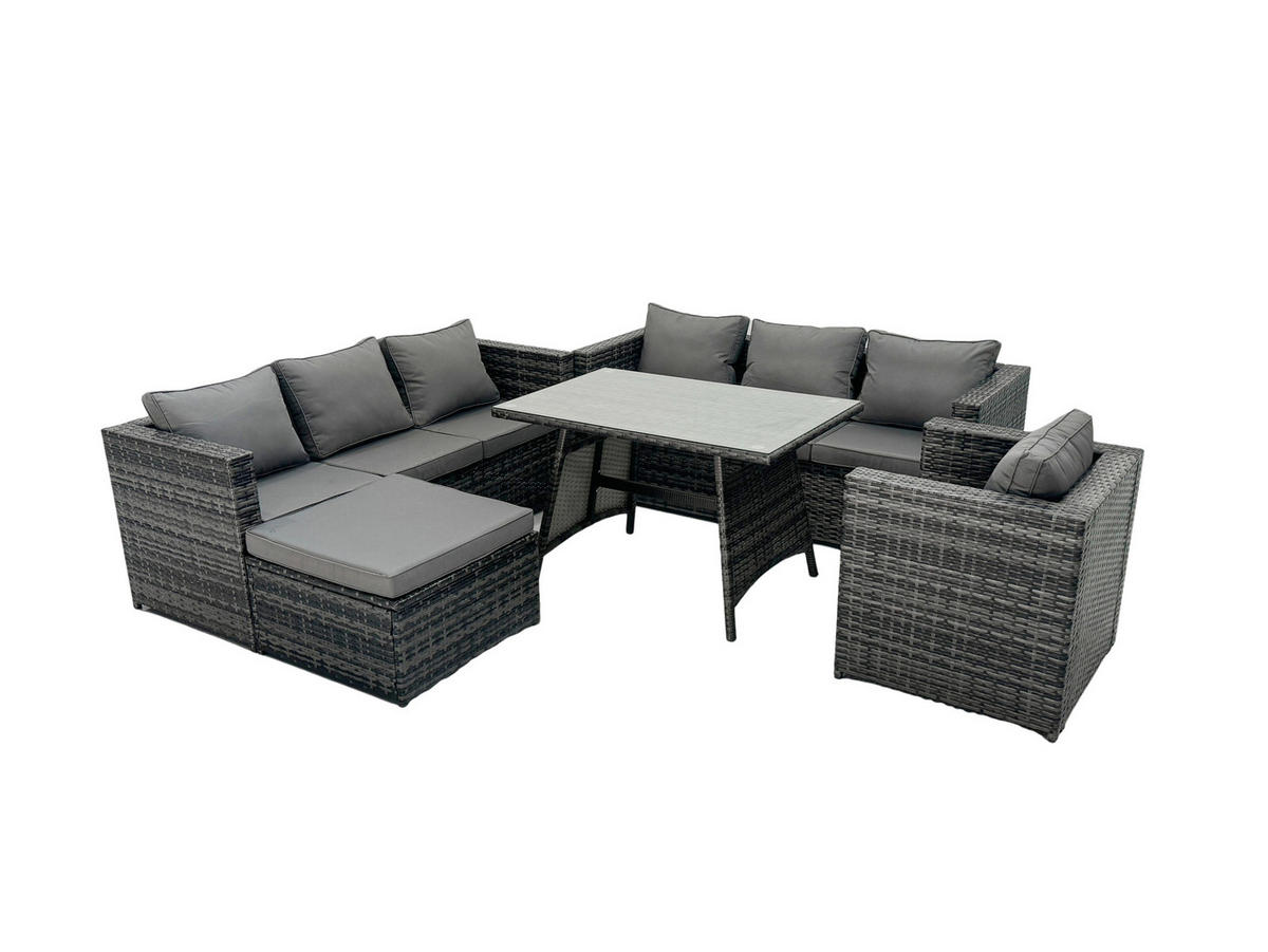 GARTENTISCHGRUPPE mit Stuhl Polyrattan 9-Sitzer - Dunkelgrau/Grau, Glas/Kunststoff - Fimous