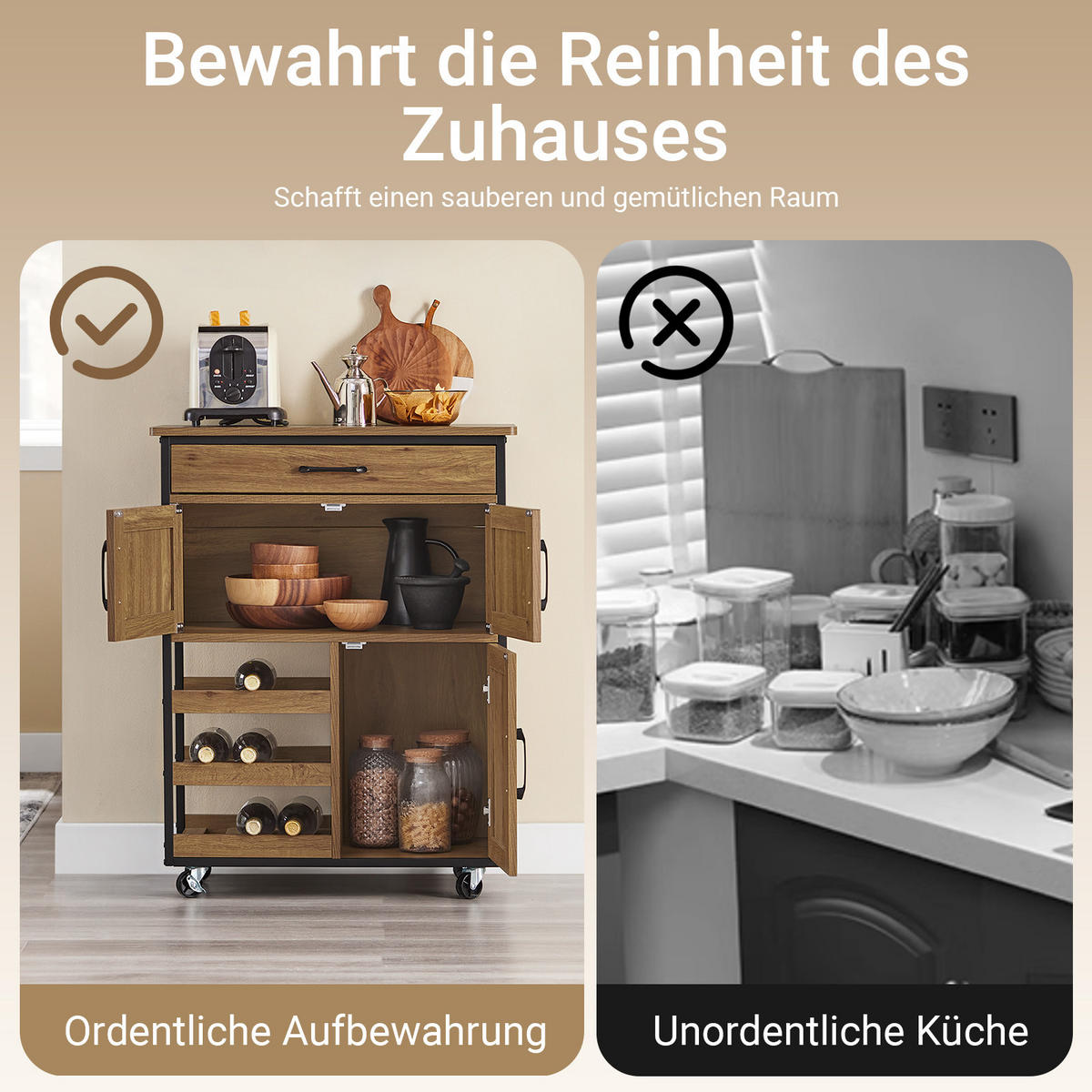 KÜCHENWAGEN mit Arbeitsplatte, Vintagebraun, 67x88x37cm - Naturfarben, Holzwerkstoff (67/88/37cm) - SoBuy