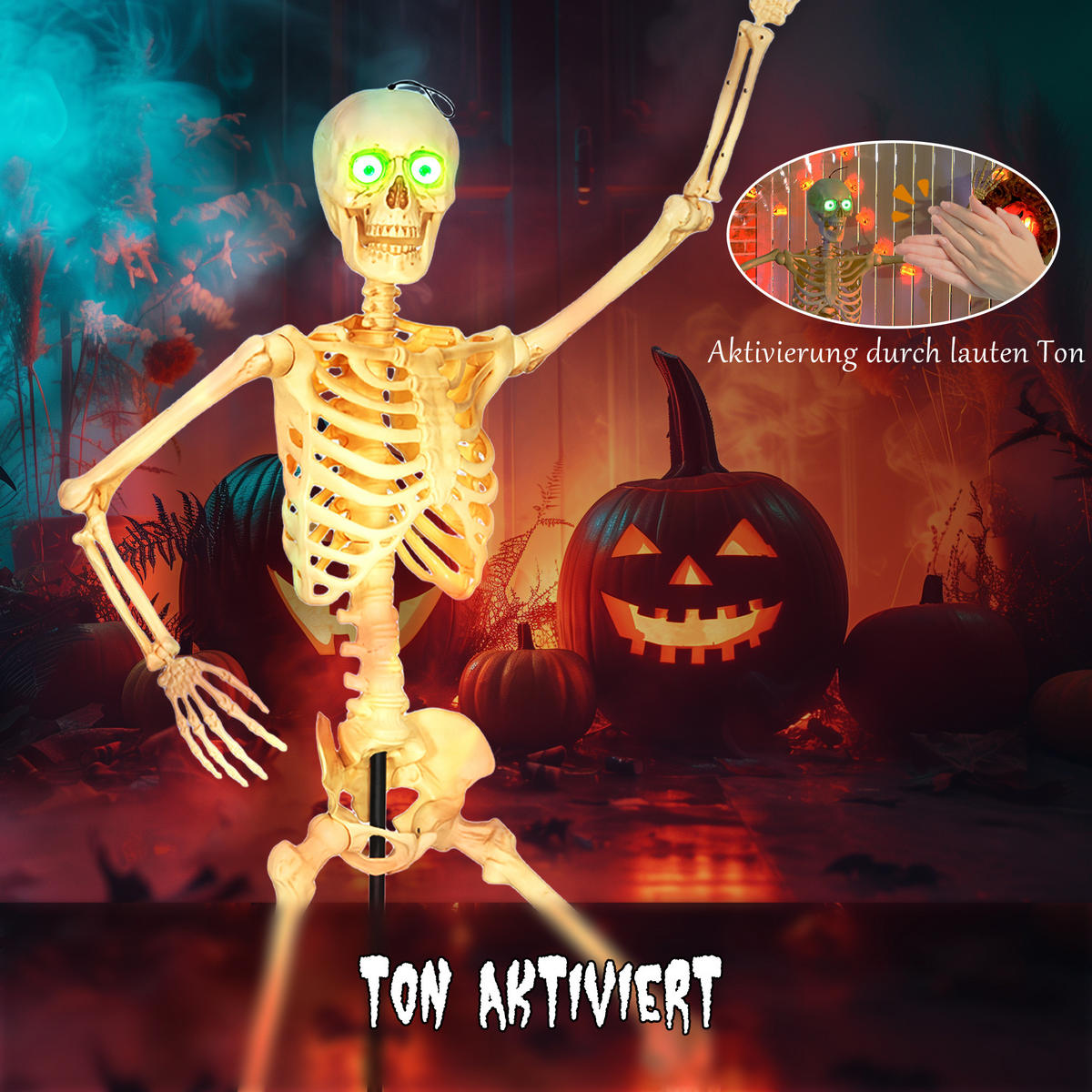 HALLOWEEN-DEKORATION Skelett 152 cm bewegliche Gelenke Beleuchtung - Gelb, Metall (17/152/47cm) - Outsunny