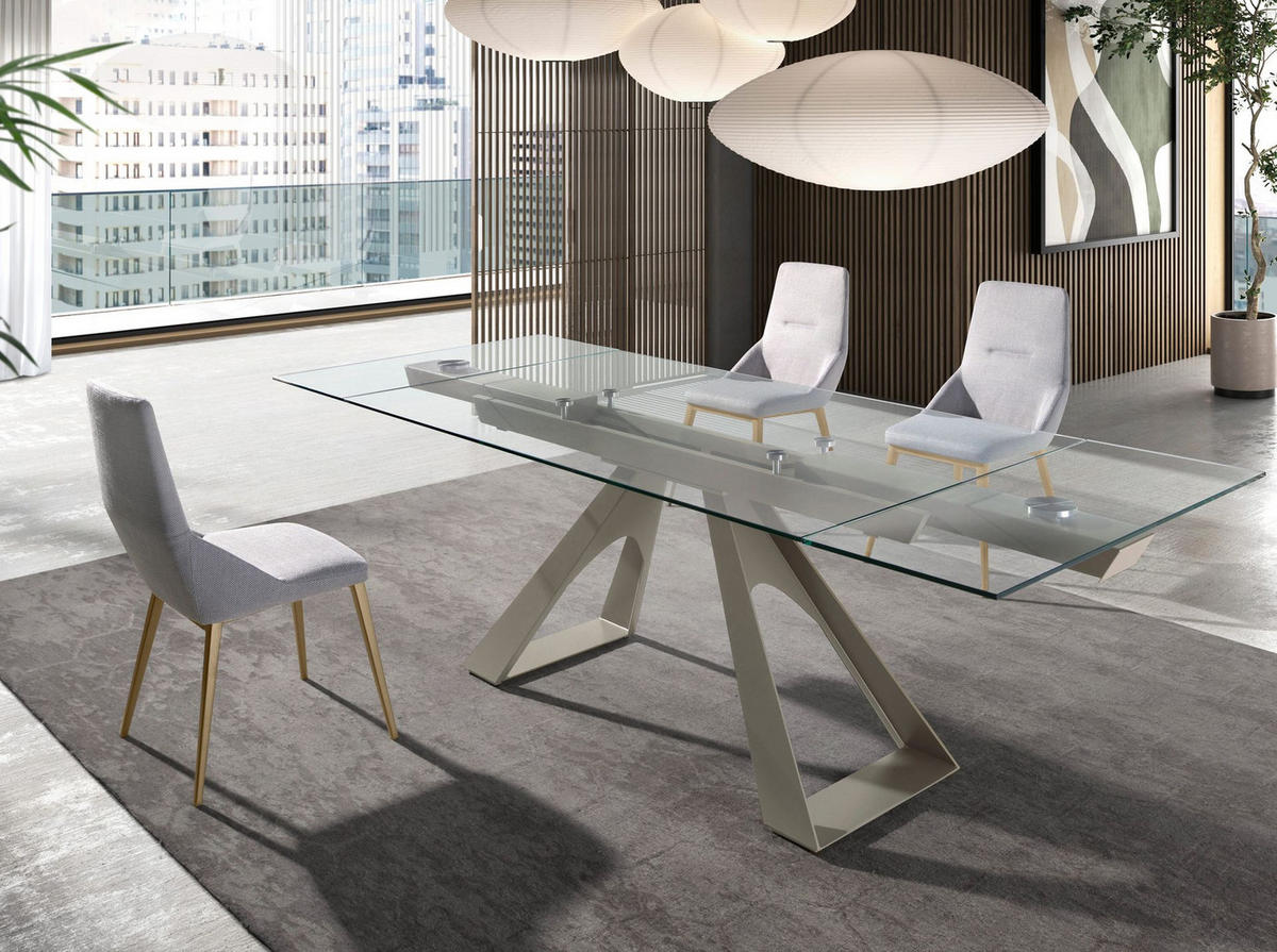 ESSTISCH Rechteckiger ausziehbarer Esstisch aus gehärtetem Glas und taupefarbenem Stahl 160/100/76 cm - Transparent/Goldfarben, Glas (100/160/76cm) - ANGEL CERDA
