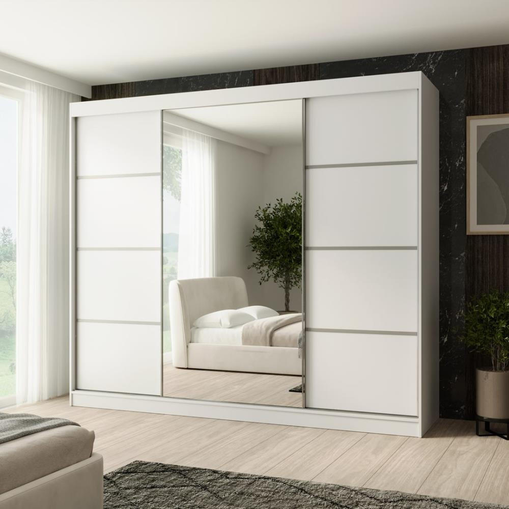 SCHWEBETÜRENSCHRANK Paco 250/215/61 3-türig weiß mit Spiegel - Weiß, Holzwerkstoff (250/215/61cm) - Beautysofa