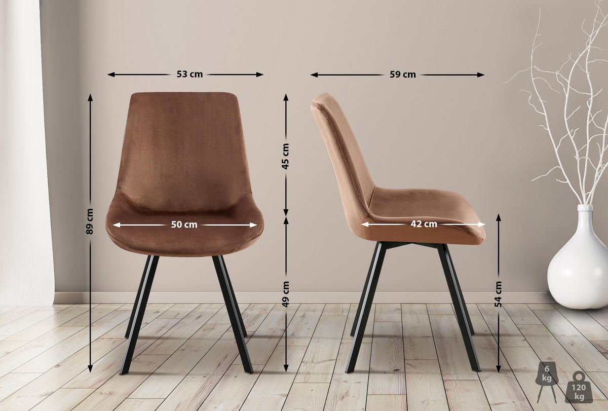 STUHL Samt braun - Schwarz/Braun, Textil/Metall (53/89/59cm) - CLP