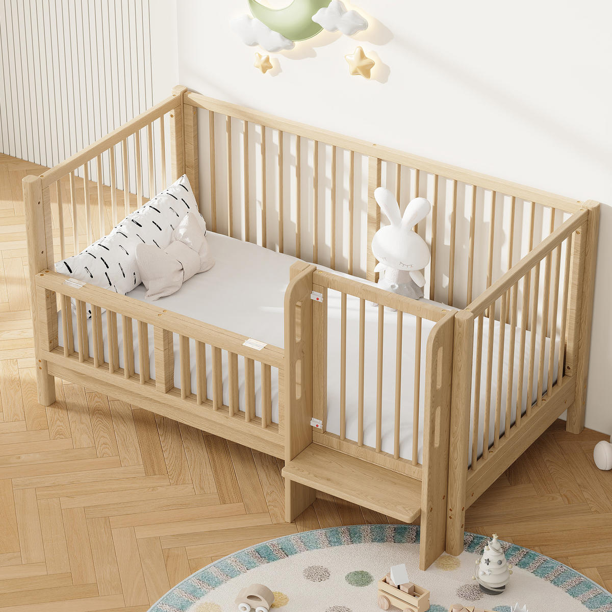 KINDERBETT 140/70 cm in Natur mit Umbausatz, Sicherheitsgeländer und Trittstufe - Naturfarben, Holz/Holzwerkstoff (70/140cm) - WISHDOR
