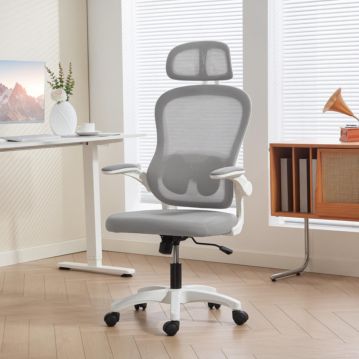 BÜROSTUHL Ergonomischer Schreibtischstuhl mit Hochklappbaren Armlehnen Grau - Weiß/Grau, Kunststoff/Textil (62/115/64cm) - HOMCOM