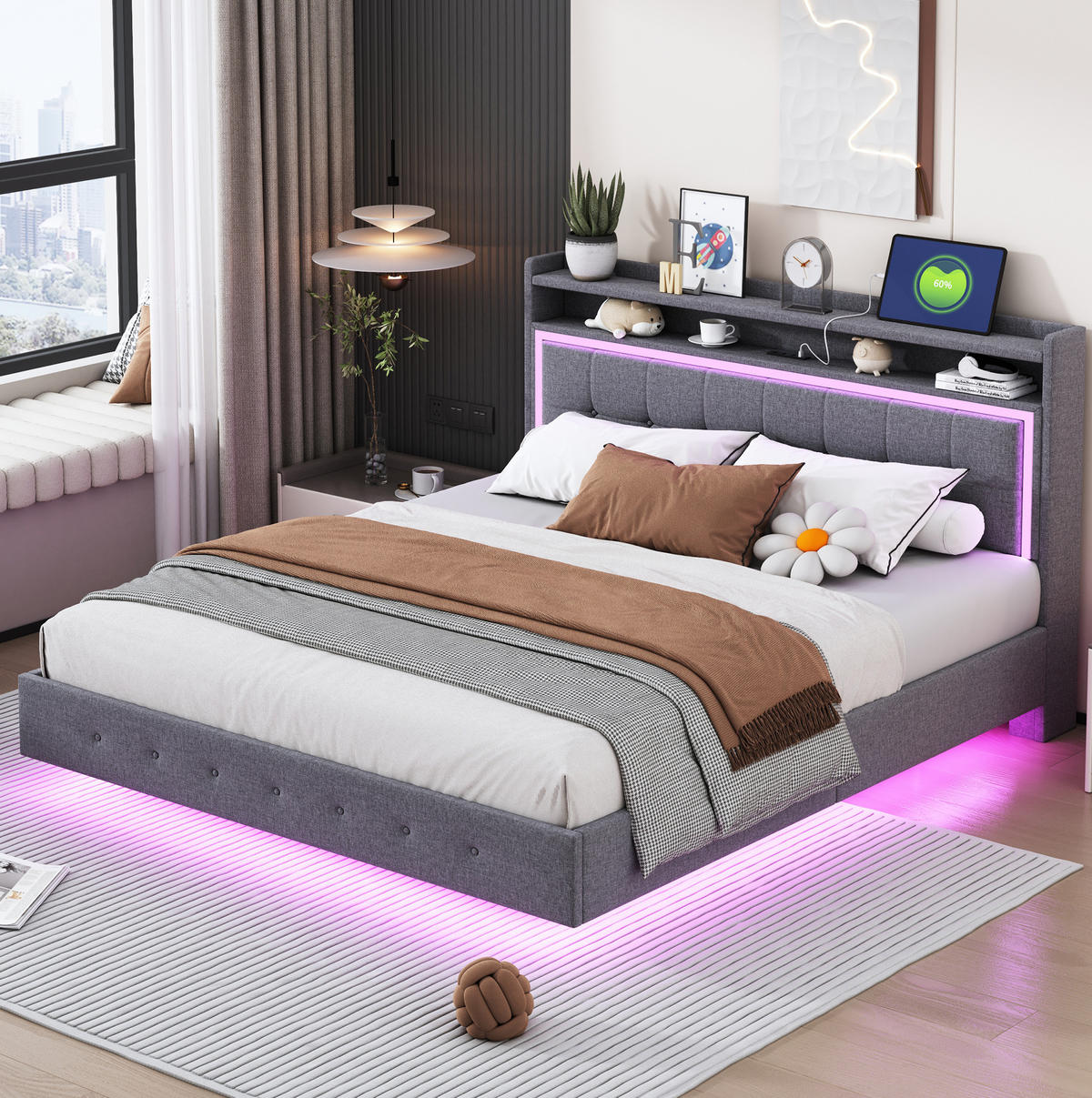 ČALÚNENÁ posteľ z ľanovej tkaniny 160x200 cm sivá s USB zásuvkou, LED osvetlením a skrytými nohami - sivá, textil (160/200cm) - Modfu