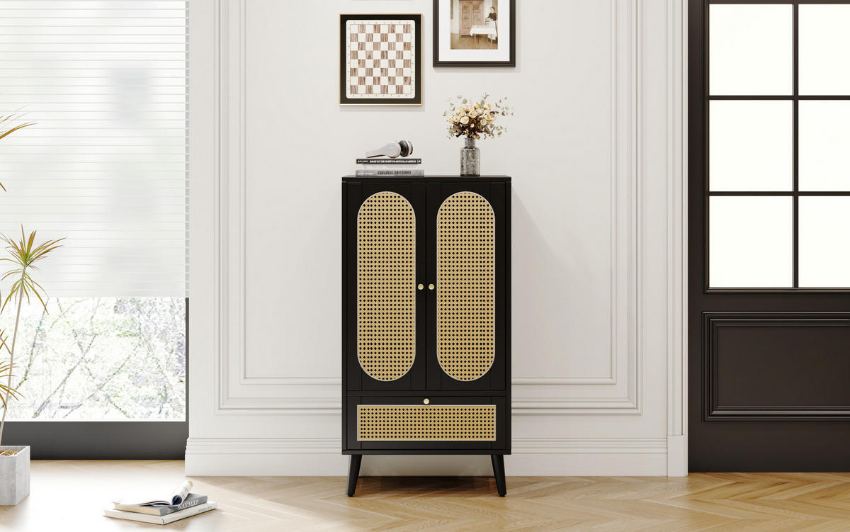 SIDEBOARD 60/40/110,5 cm aus Spanplatte mit Rattan-Fronten Schwarz - Schwarz, Holzwerkstoff (40/110.5/60cm) - Modenvie