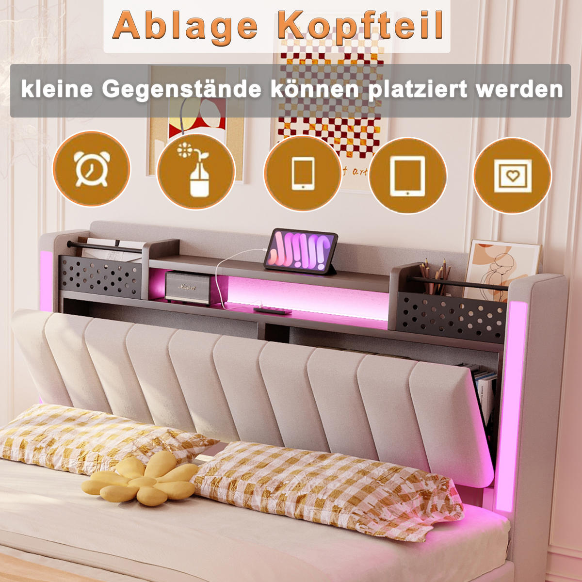 POLSTERBETT 140/200 cm in Beige Leinen mit LED, USB und Stauraum - Beige, Holzwerkstoff/Textil (140/200cm) - WISHDOR