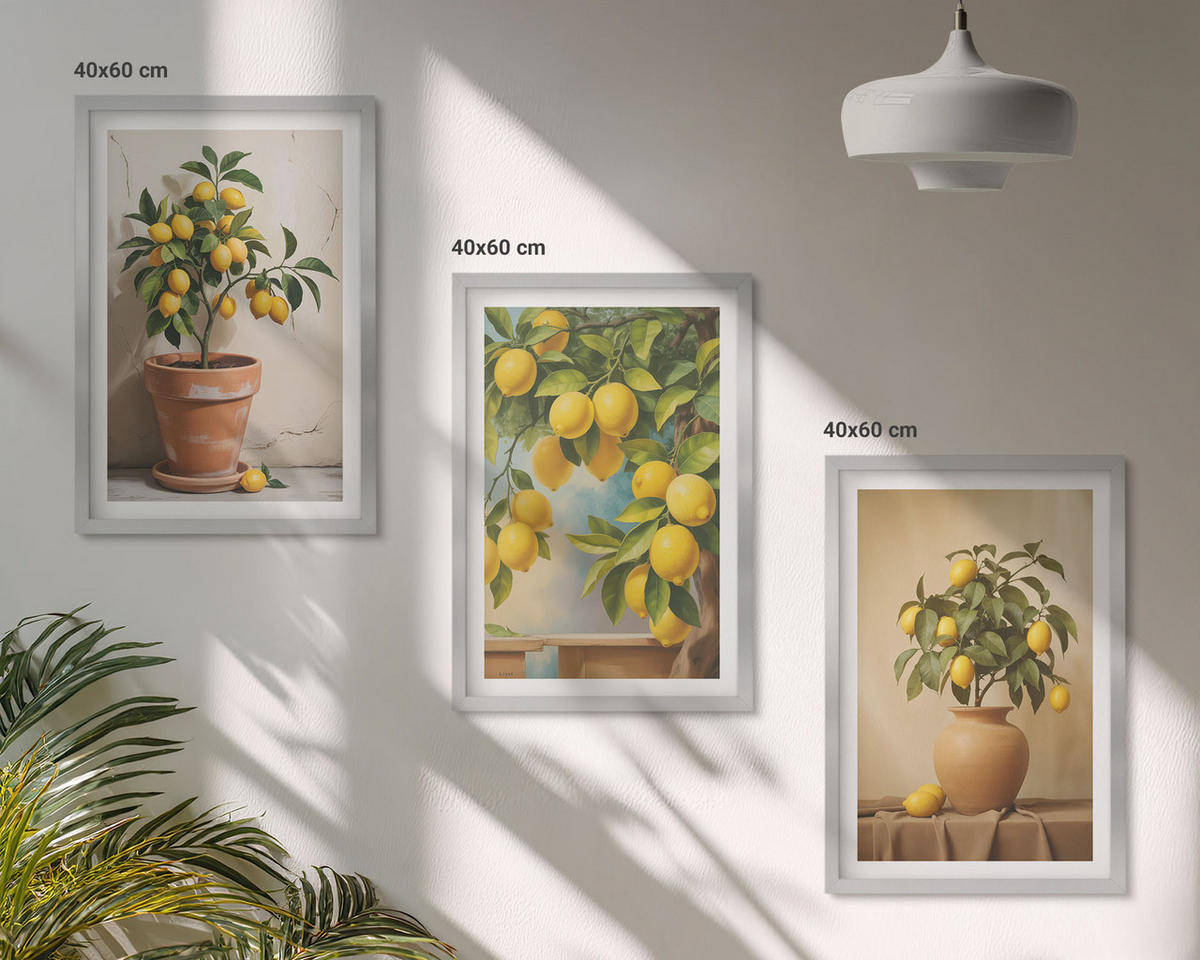 BILDER SET 3er Set - 40x60 cm Silberner Rahmen - Zitronenbäumchen im Topf und in der Vase - Silberfarben, Kunststoff (40/60cm) - TULUP